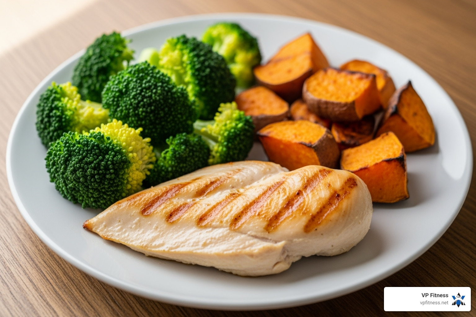 plate with balanced macronutrients: chicken breast, sweet potato, and broccoli - Workout for hypertrophy plate with balanced macronutrients: chicken breast, sweet potato, and broccoli - Workout for hypertrophy
