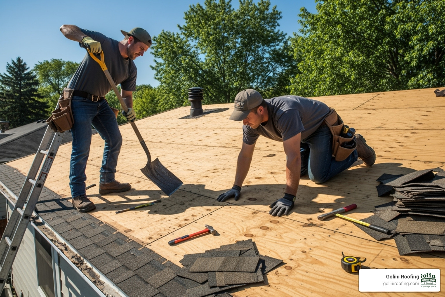 roofers removing old shingles and inspecting the wood decking - putting on new roof roofers removing old shingles and inspecting the wood decking - putting on new roof
