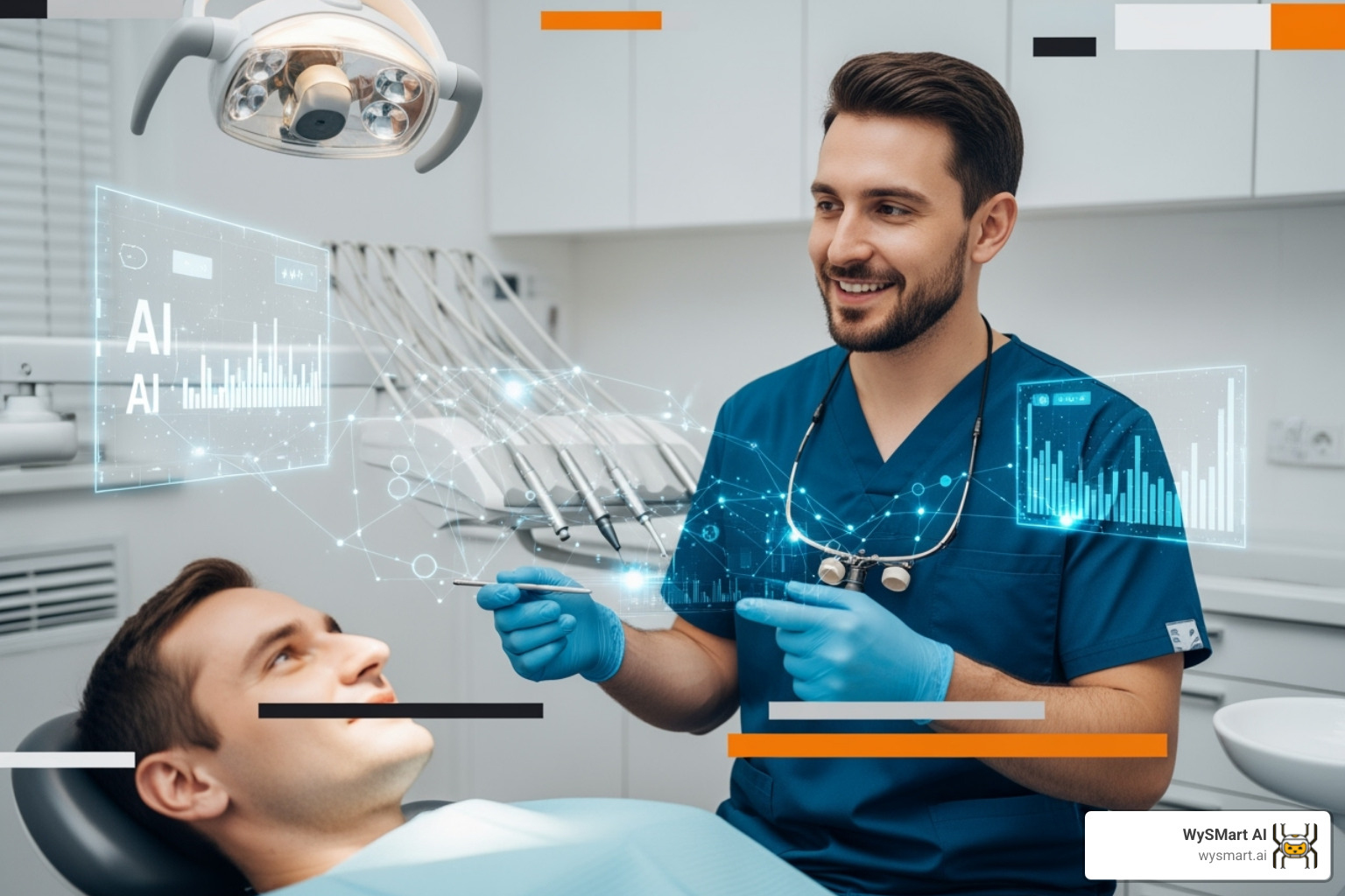 A dentist in a modern office setting, smiling and gesturing while explaining a dental procedure to a patient, with a subtle overlay of AI-generated data visualizations to represent educational content - Digital marketing for dentists A dentist in a modern office setting, smiling and gesturing while explaining a dental procedure to a patient, with a subtle overlay of AI-generated data visualizations to represent educational content - Digital marketing for dentists