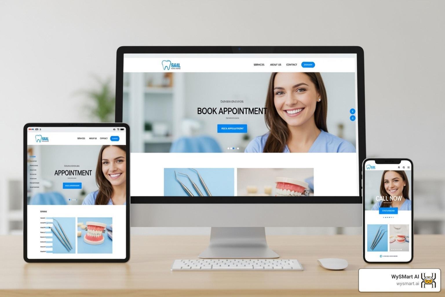 A visually appealing and responsive dental website displayed across a desktop monitor, a tablet, and a smartphone, highlighting its seamless adaptation to different screen sizes and devices - Digital marketing for dentists A visually appealing and responsive dental website displayed across a desktop monitor, a tablet, and a smartphone, highlighting its seamless adaptation to different screen sizes and devices - Digital marketing for dentists
