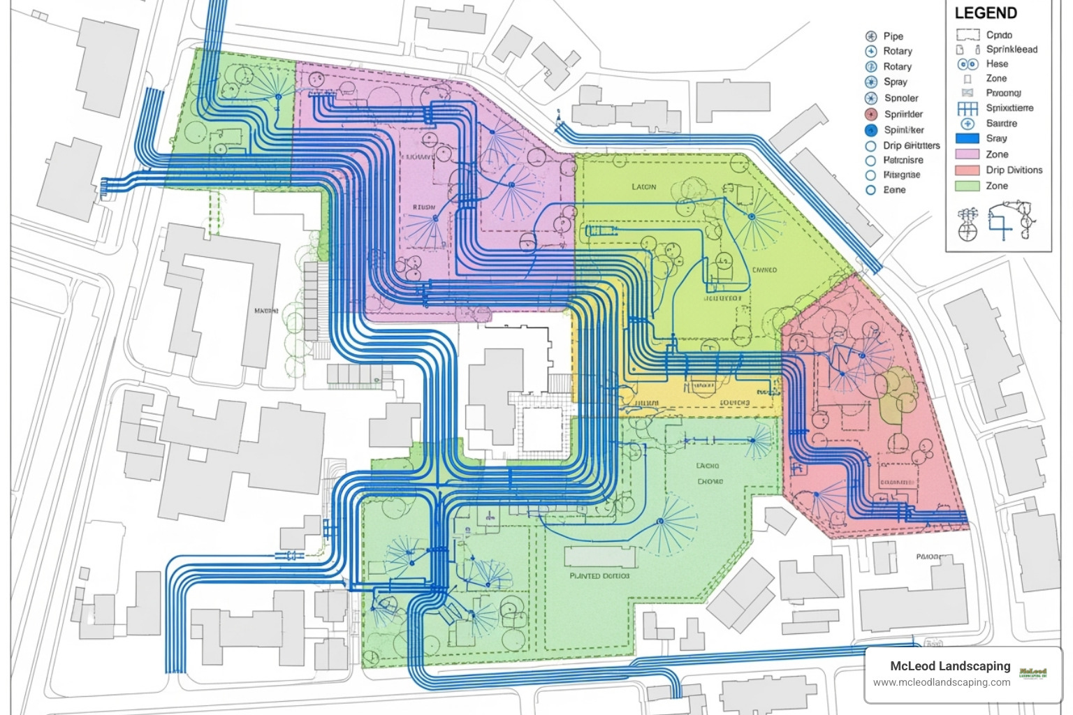 A detailed irrigation system design plan for a commercial property, showing pipe layouts, sprinkler head placements, and zone divisions - commercial irrigation installation A detailed irrigation system design plan for a commercial property, showing pipe layouts, sprinkler head placements, and zone divisions - commercial irrigation installation