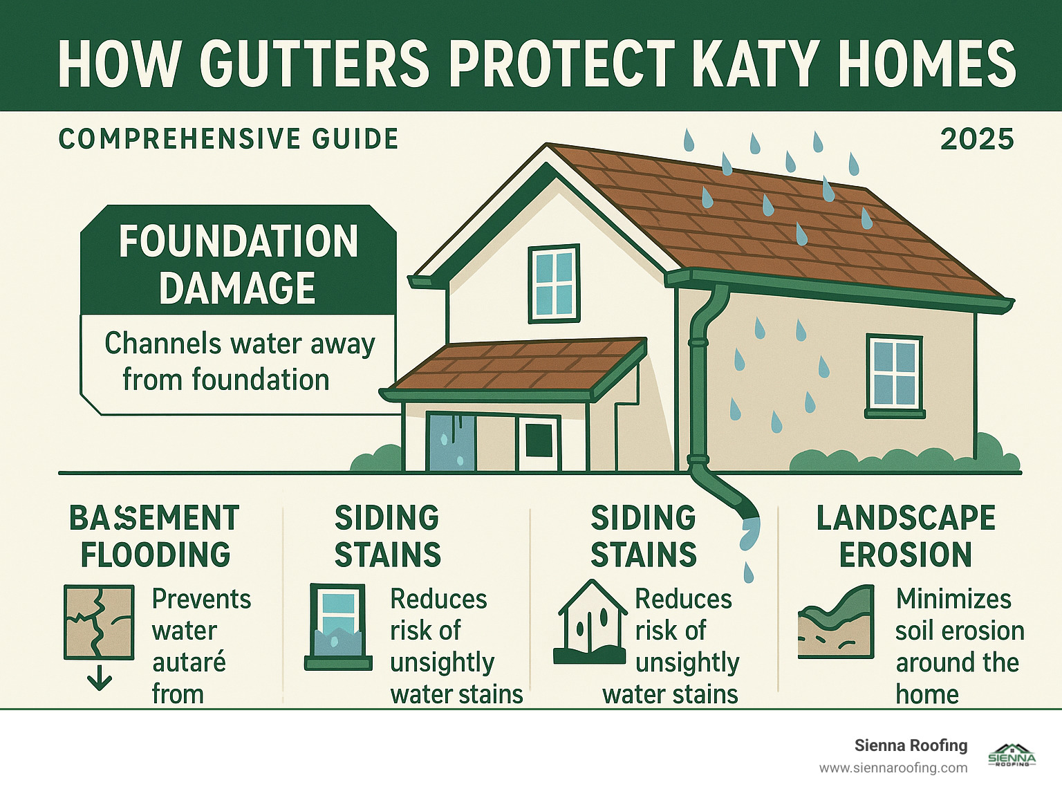 Comprehensive guide showing how properly installed gutters protect Katy homes from foundation damage, basement flooding, siding stains, and landscape erosion through effective water channeling and drainage systems - gutter installation Katy TX infographic 