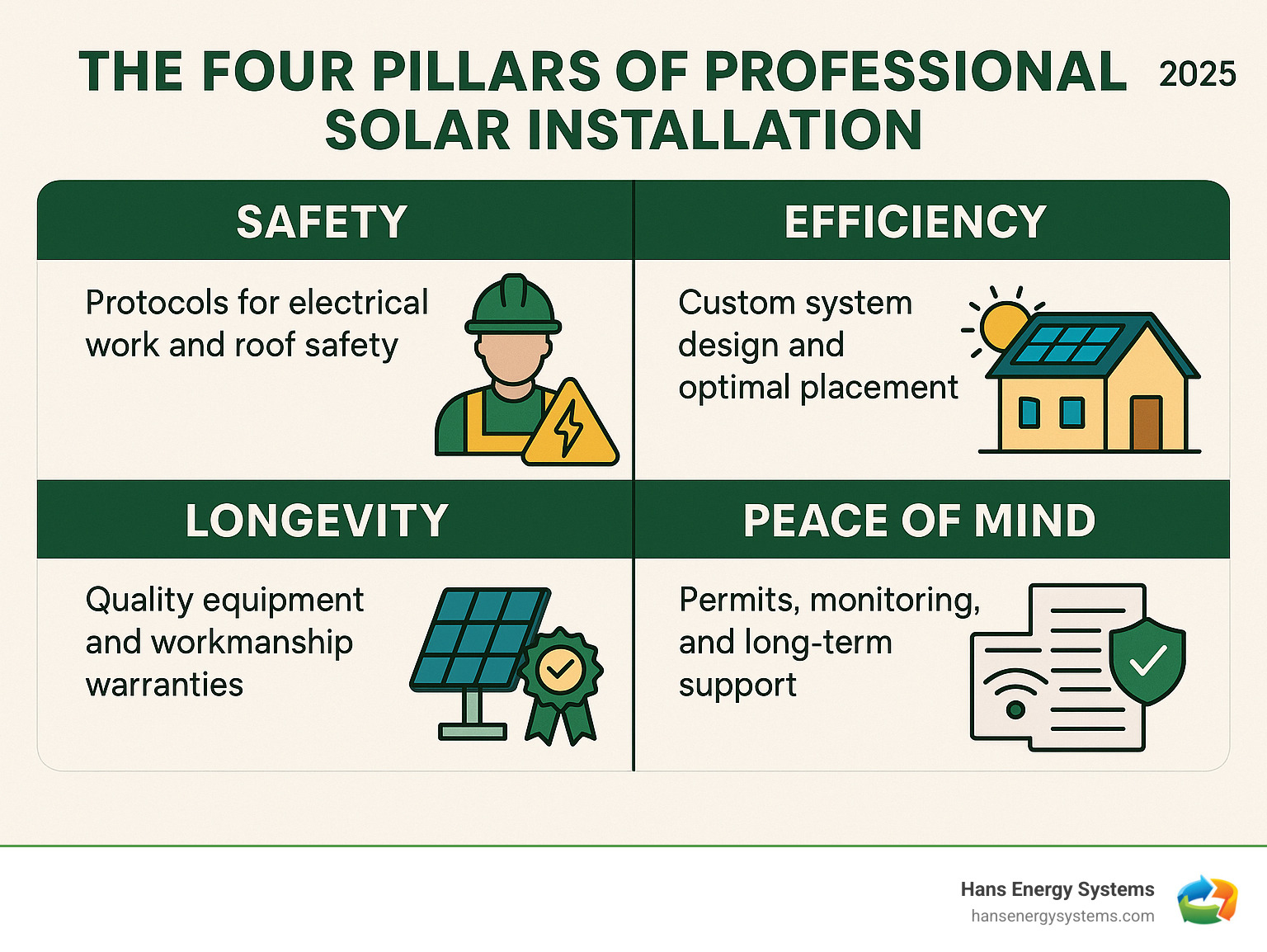 Infographic showing the four pillars of professional solar installation: Safety protocols with proper electrical work and roof safety, Efficiency through custom system design and optimal placement, Longevity via quality equipment and workmanship warranties, and Peace of Mind including permits, monitoring, and long-term support - professional solar installers infographic 