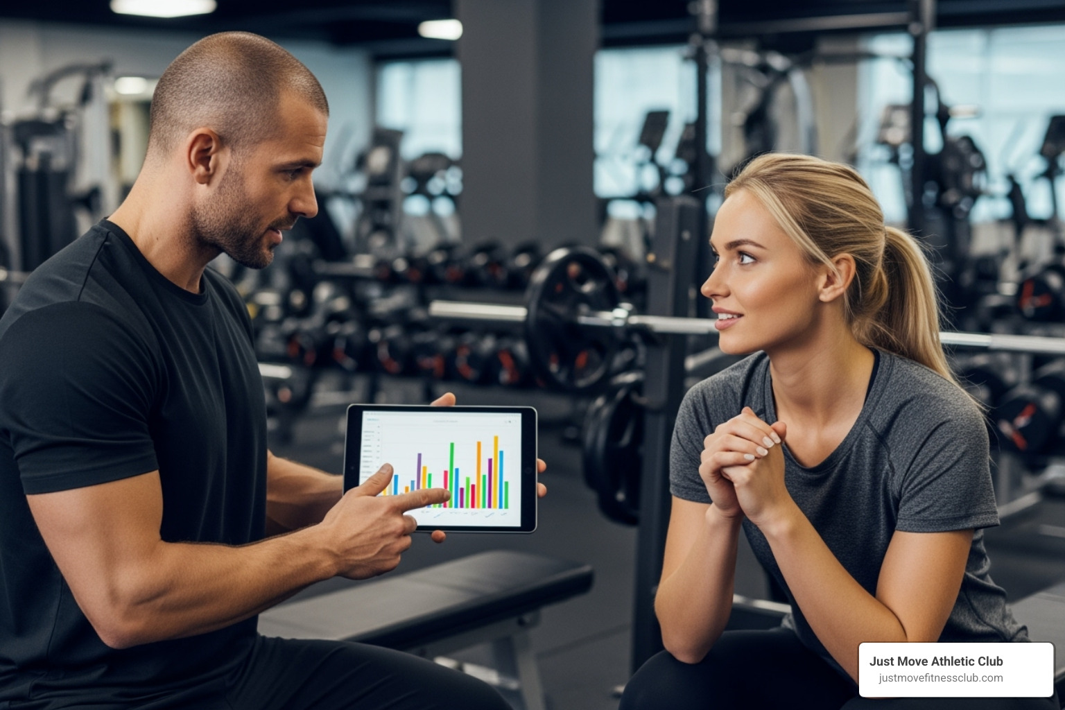fitness coach discussing goals with a client, with a tablet showing charts - personalized fitness program