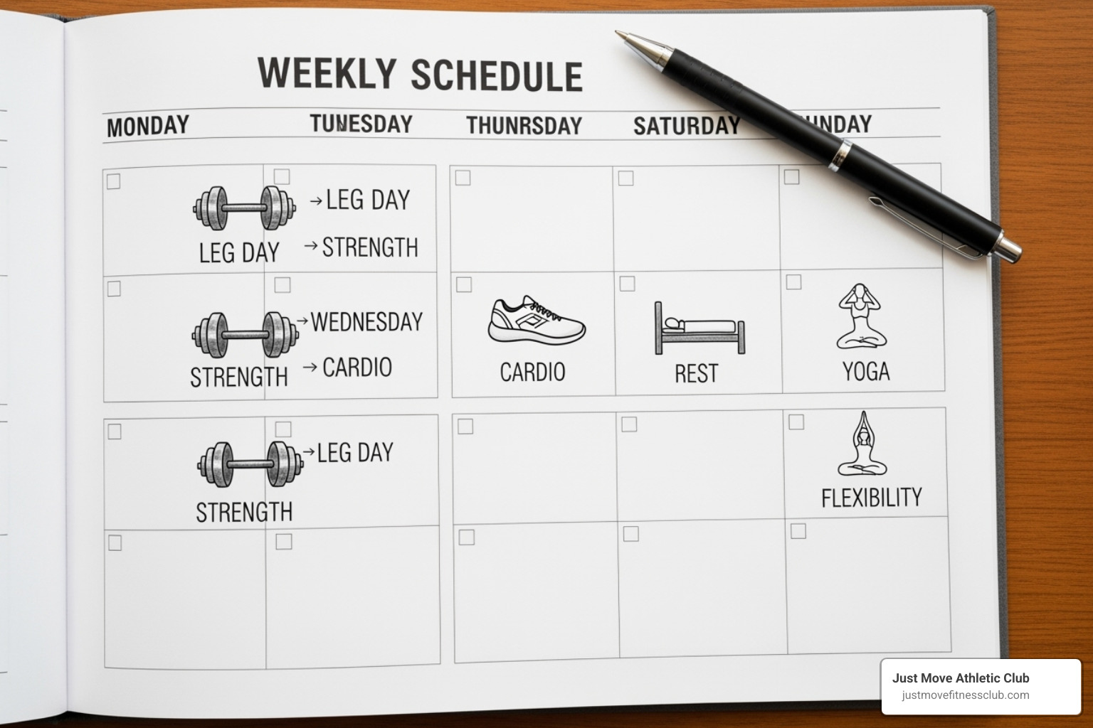 weekly planner showing a mix of strength, cardio, and rest days - personalized fitness program