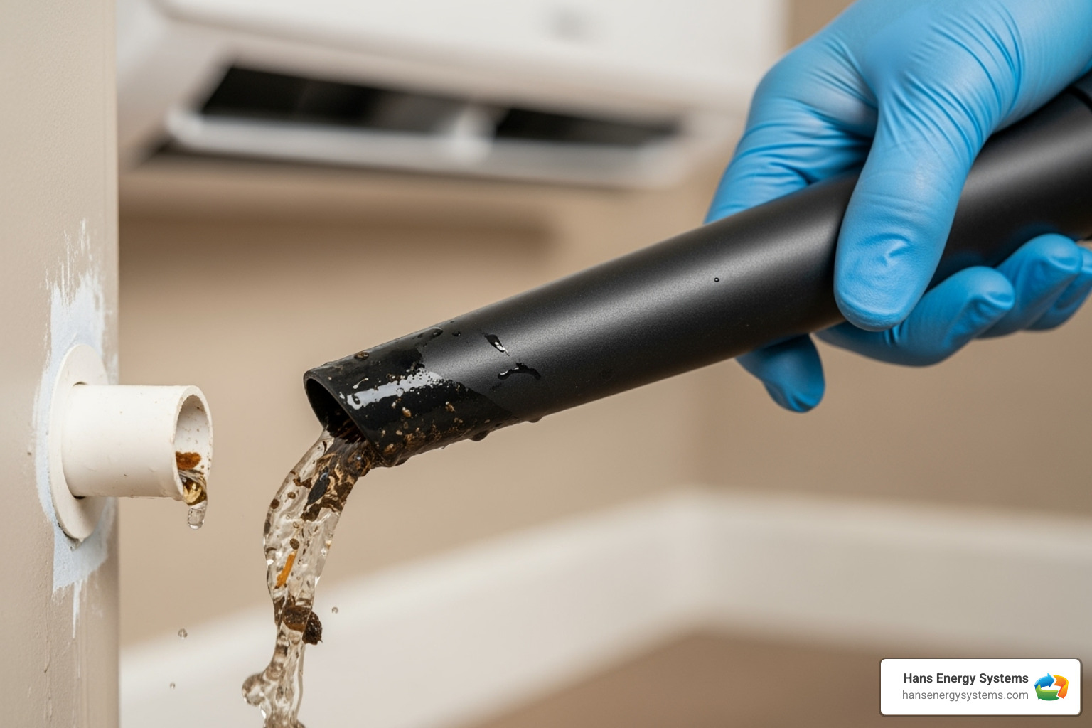 Image of a clogged condensate drain line being cleared - Mini split leaking water Image of a clogged condensate drain line being cleared - Mini split leaking water