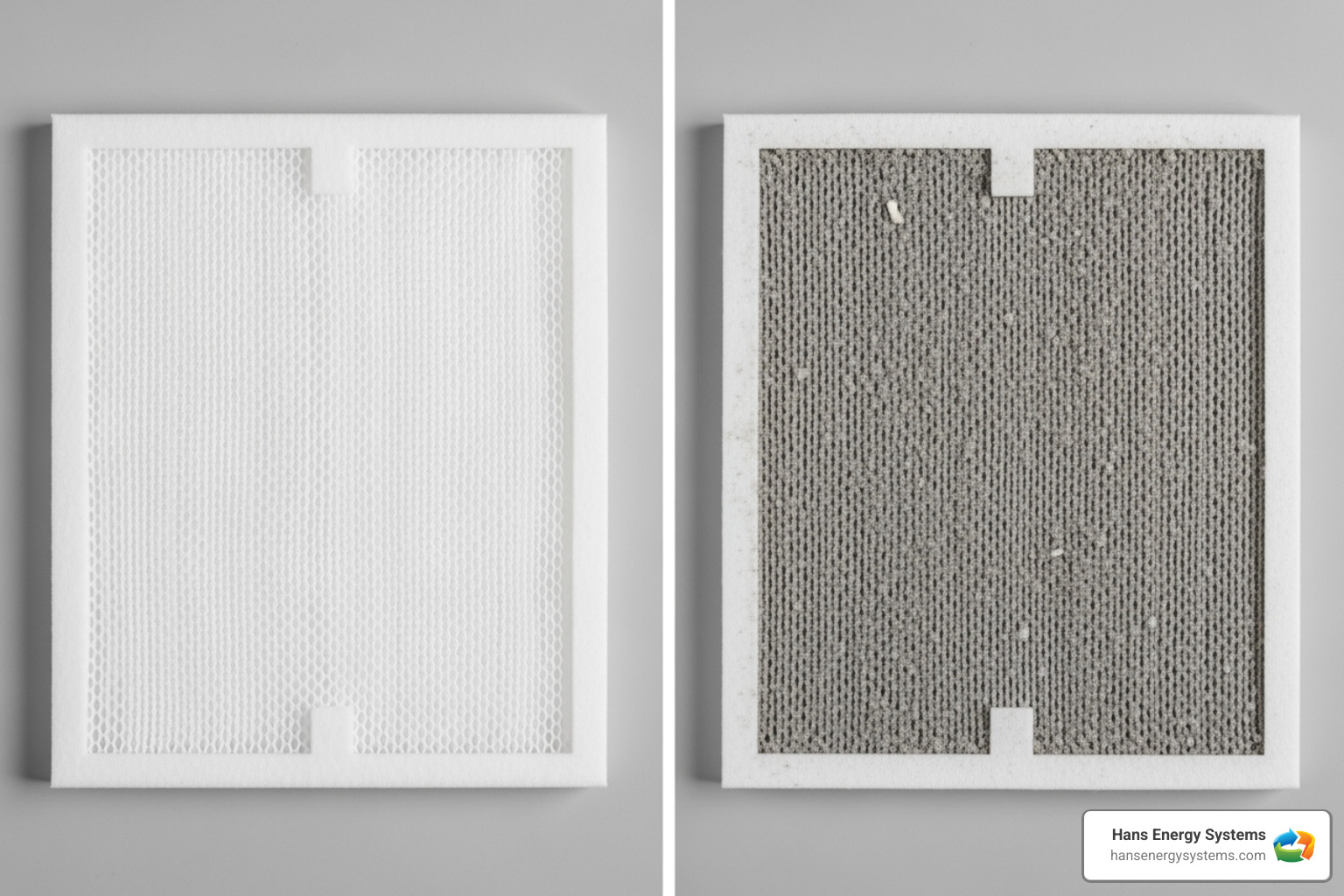 Image showing a side-by-side comparison of a clean vs. a dirty mini split filter - Mini split leaking water Image showing a side-by-side comparison of a clean vs. a dirty mini split filter - Mini split leaking water