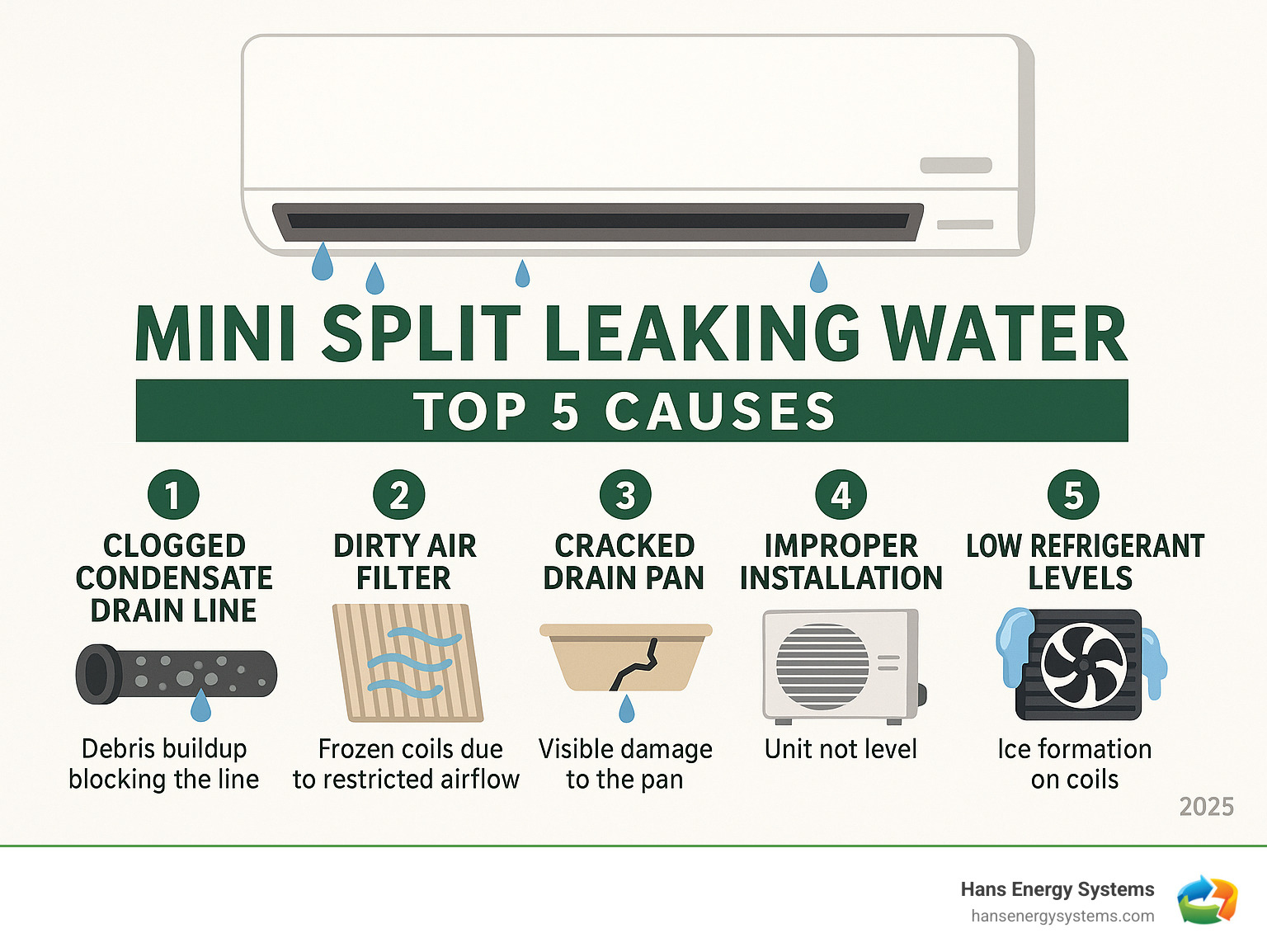 Infographic showing the 5 most common causes of mini split water leaks: clogged condensate drain line with debris buildup, dirty air filter causing frozen coils, cracked drain pan with visible damage, improperly installed unit that's not level, and low refrigerant levels causing ice formation on coils - Mini split leaking water infographic  Infographic showing the 5 most common causes of mini split water leaks: clogged condensate drain line with debris buildup, dirty air filter causing frozen coils, cracked drain pan with visible damage, improperly installed unit that's not level, and low refrigerant levels causing ice formation on coils - Mini split leaking water infographic