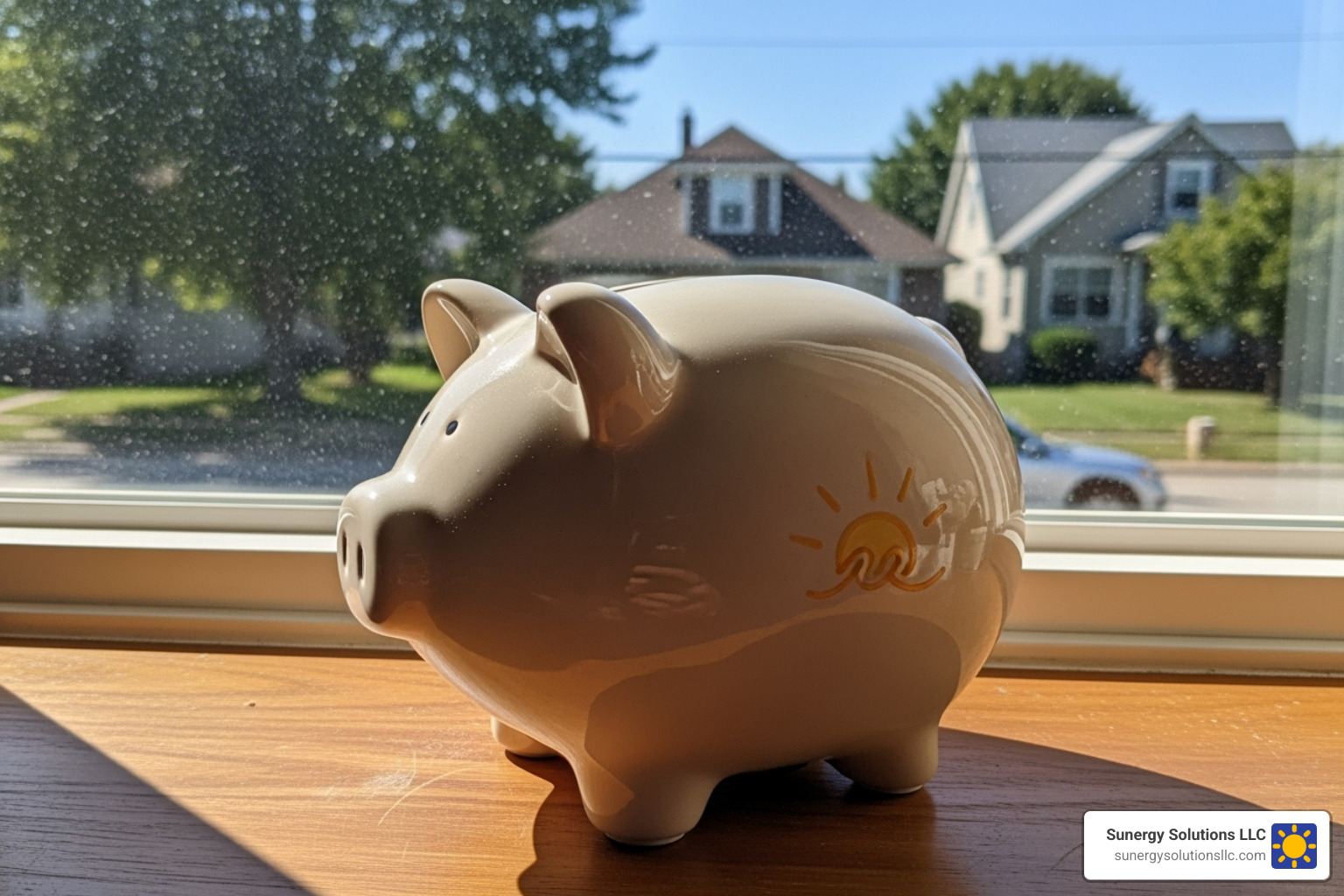Piggy bank with a sun logo on it, sitting on a windowsill in a US home - solar installers in ri