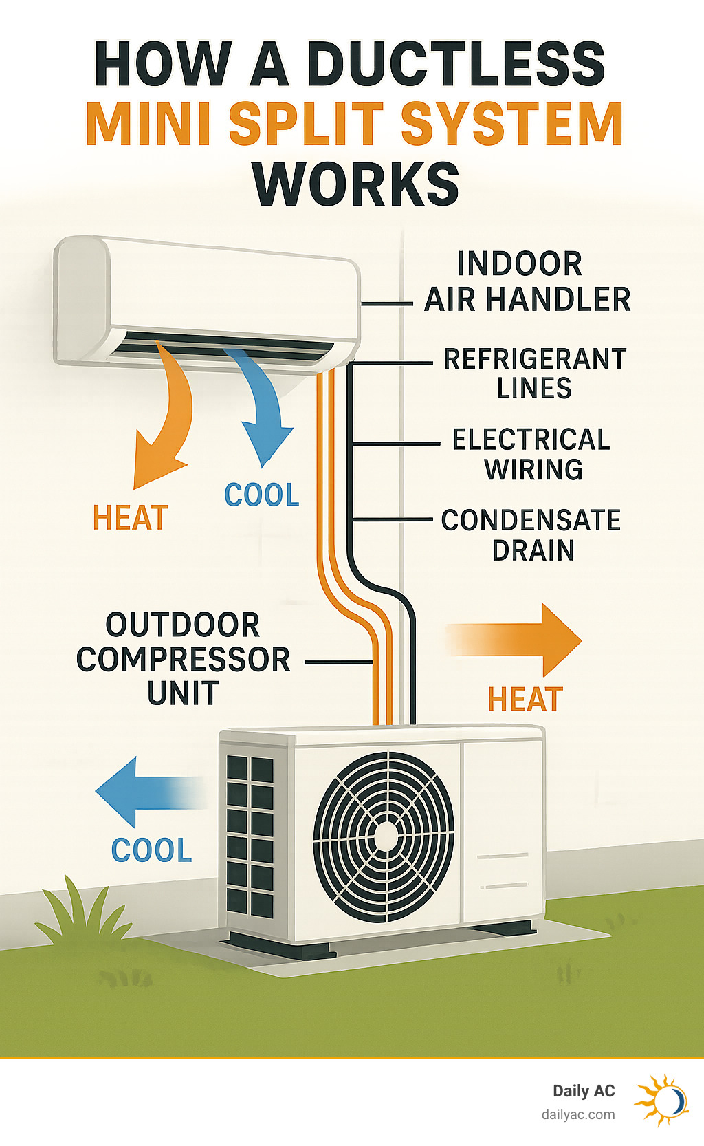 Detailed breakdown of mini split system components showing outdoor compressor unit, indoor air handler, refrigerant lines, electrical wiring, and condensate drain with labels and flow arrows indicating heat transfer process - mini split ac unit infographic 