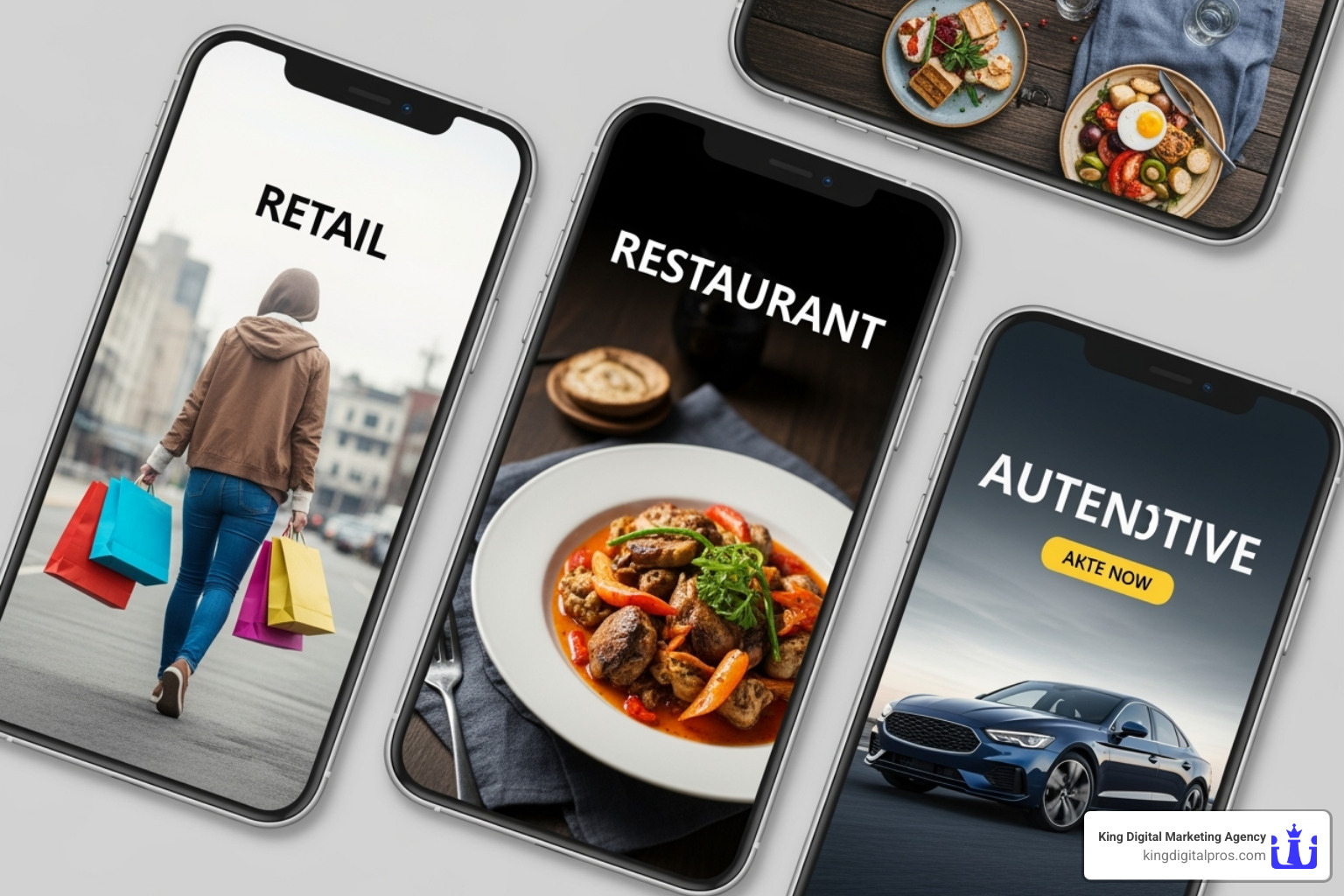 collage of different geofencing ad examples (retail, restaurant, automotive) - geofencing marketing meaning