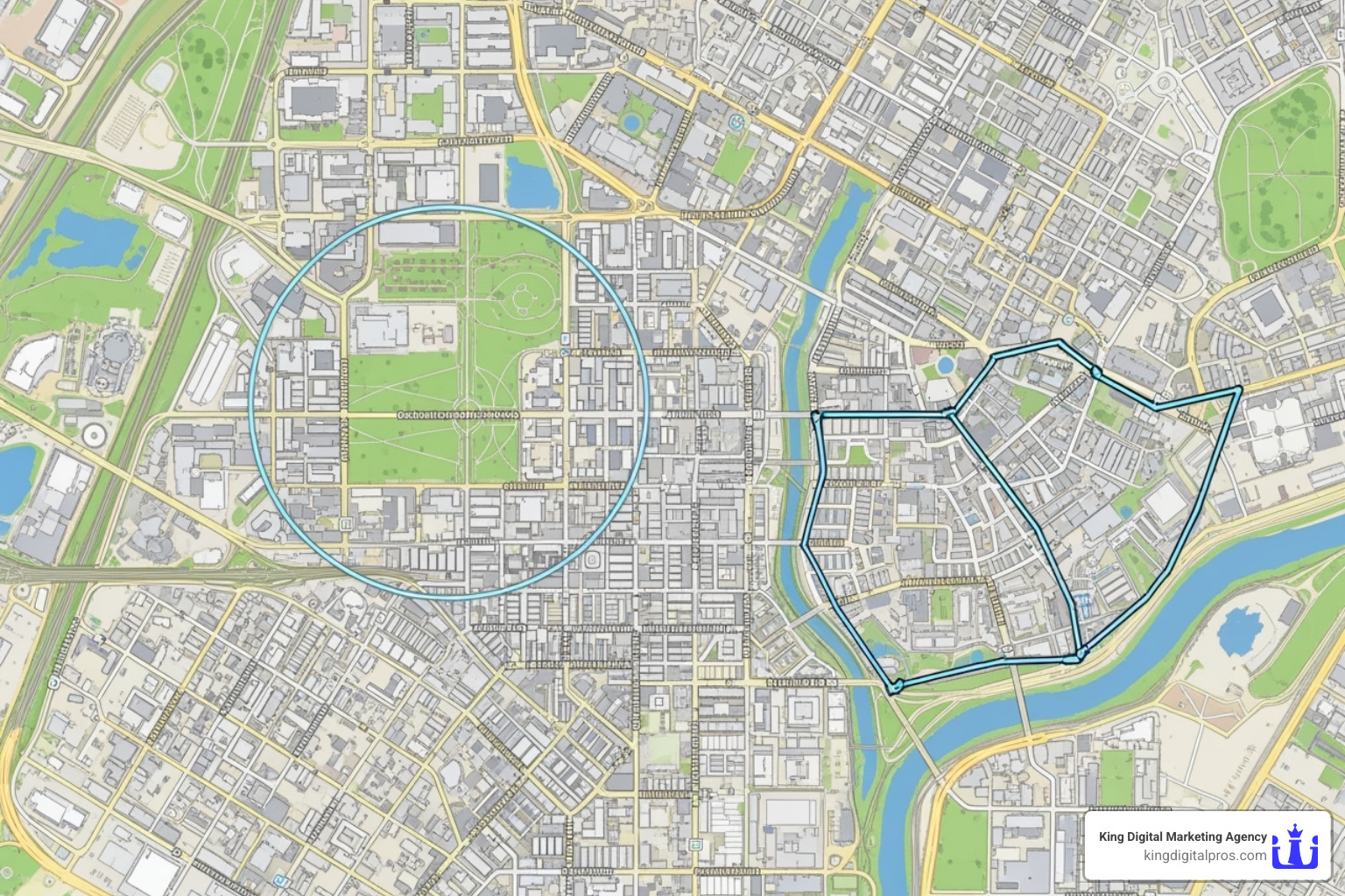 illustrating the difference between a circular radius geofence and a custom polygon geofence - geofencing marketing meaning