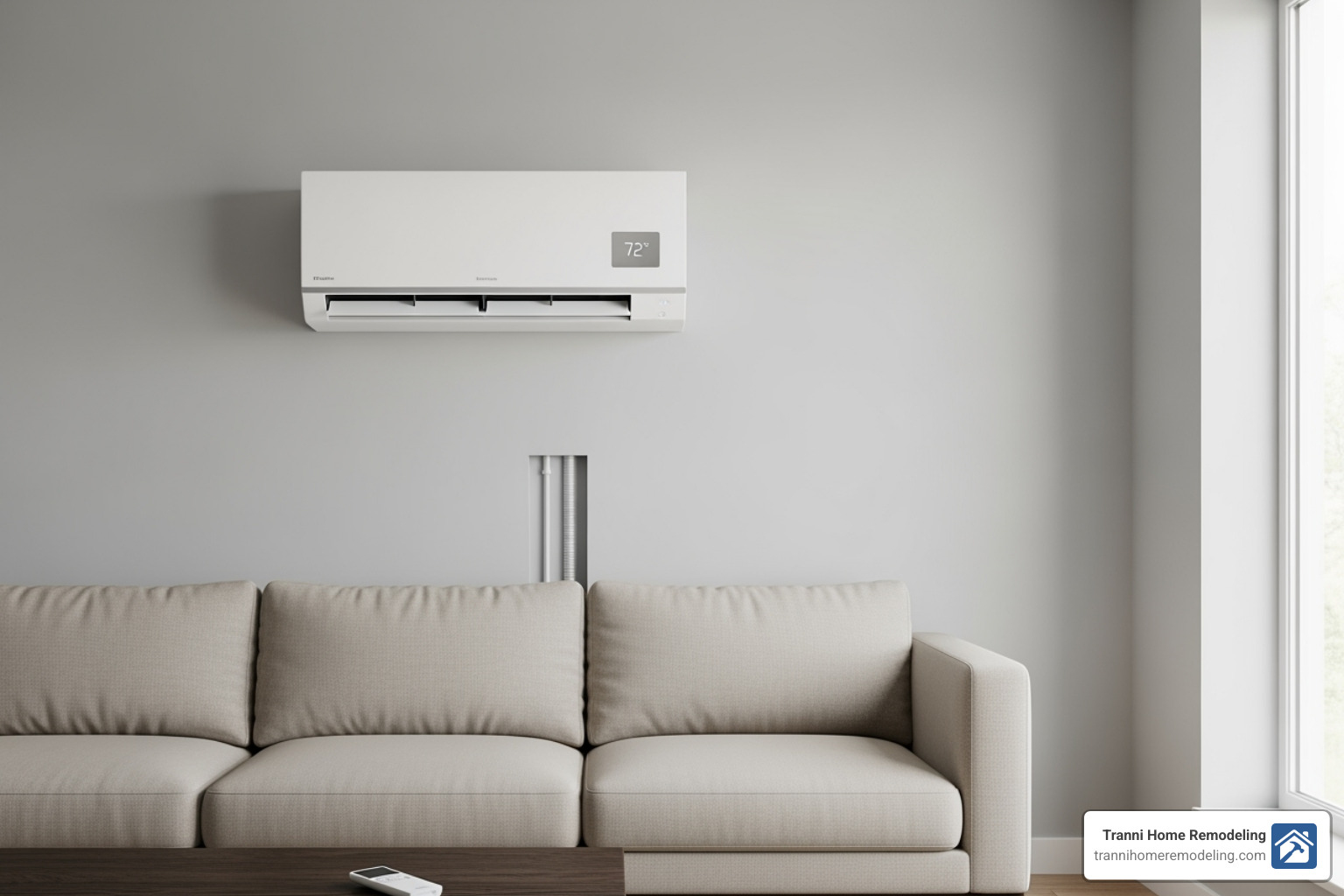 Modern, high-efficiency ductless mini-split unit installed on a wall - hvac technician