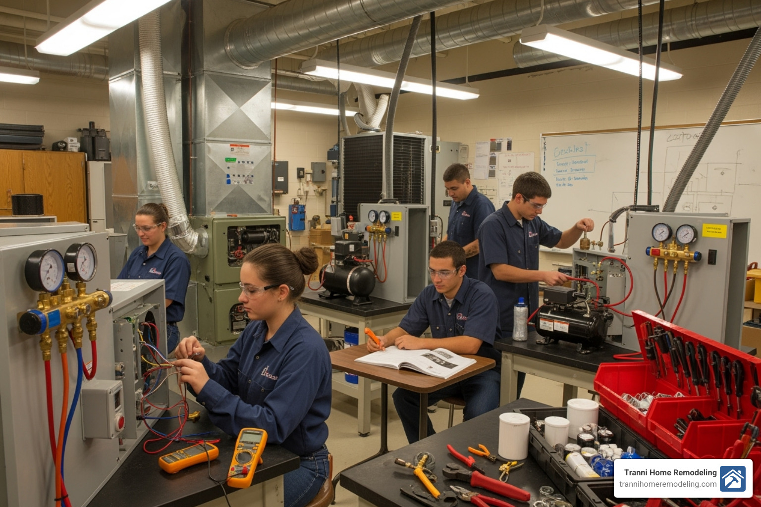Students in a vocational school lab working on HVAC equipment - hvac technician
