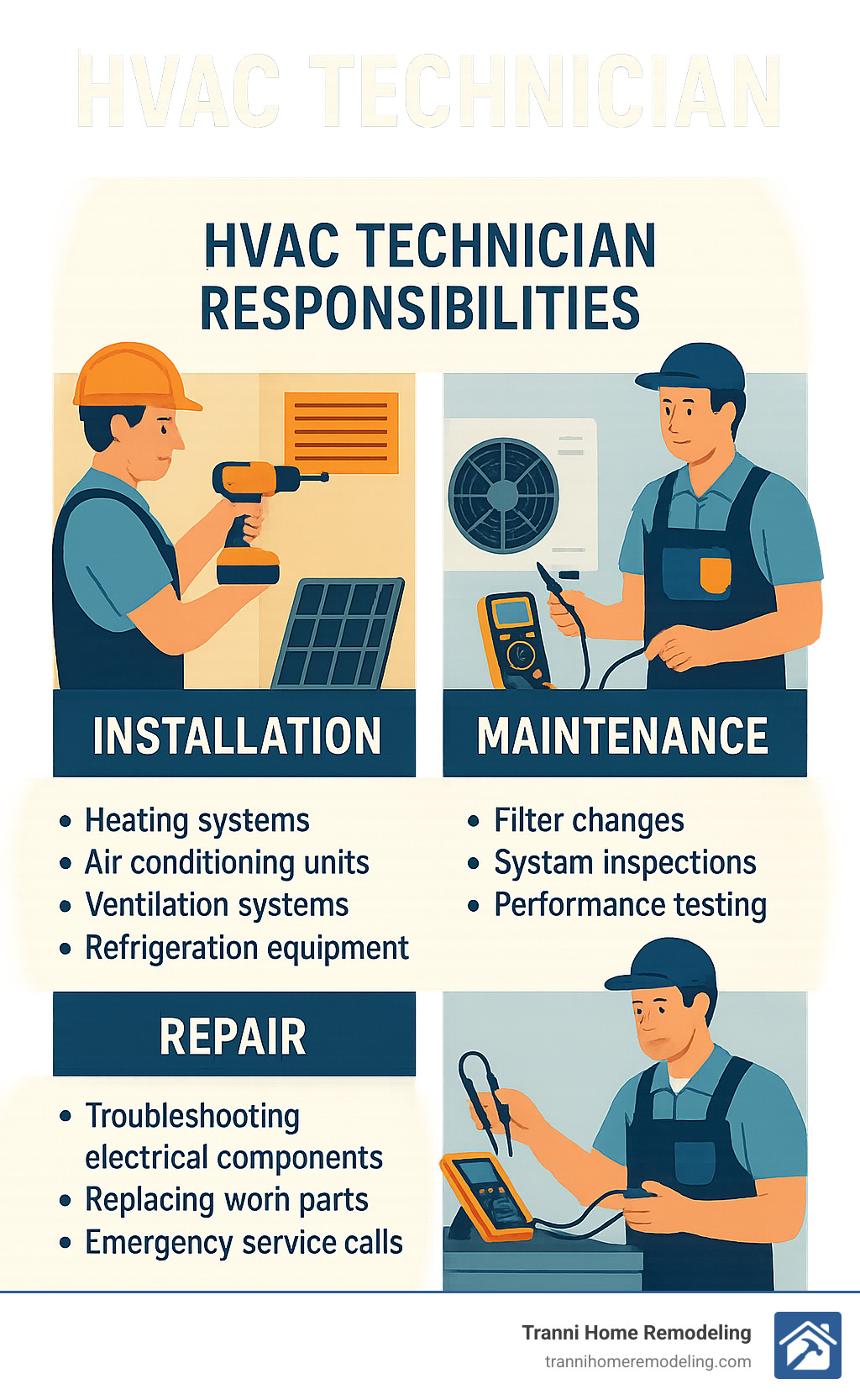 Comprehensive breakdown of HVAC technician responsibilities including installation of heating systems, air conditioning units, ventilation systems, and refrigeration equipment, plus maintenance tasks like filter changes, system inspections, and performance testing, alongside repair duties such as troubleshooting electrical components, replacing worn parts, and emergency service calls - hvac technician infographic 
