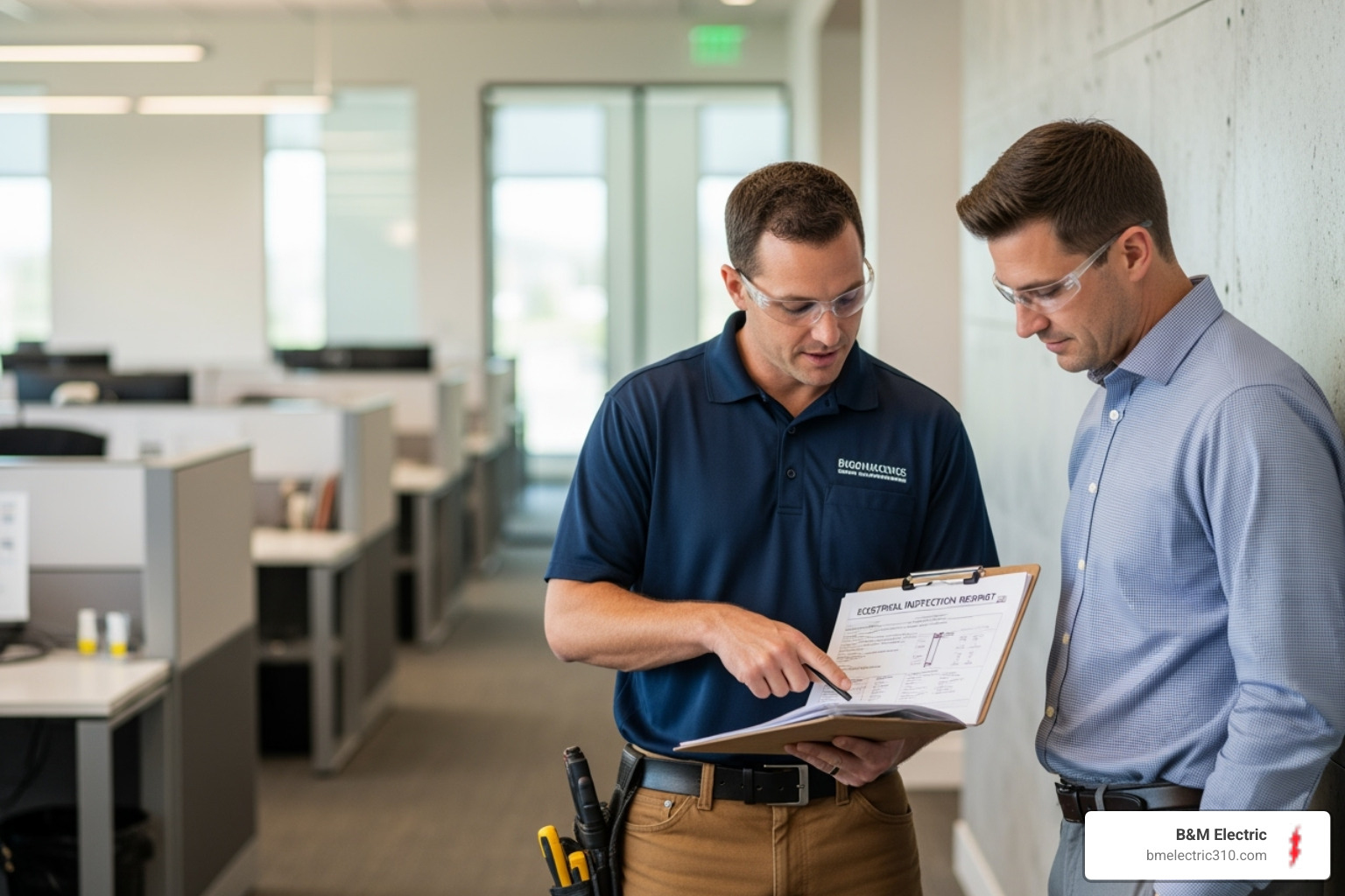 electrician explaining a report to a business owner - Commercial electrical inspection services
