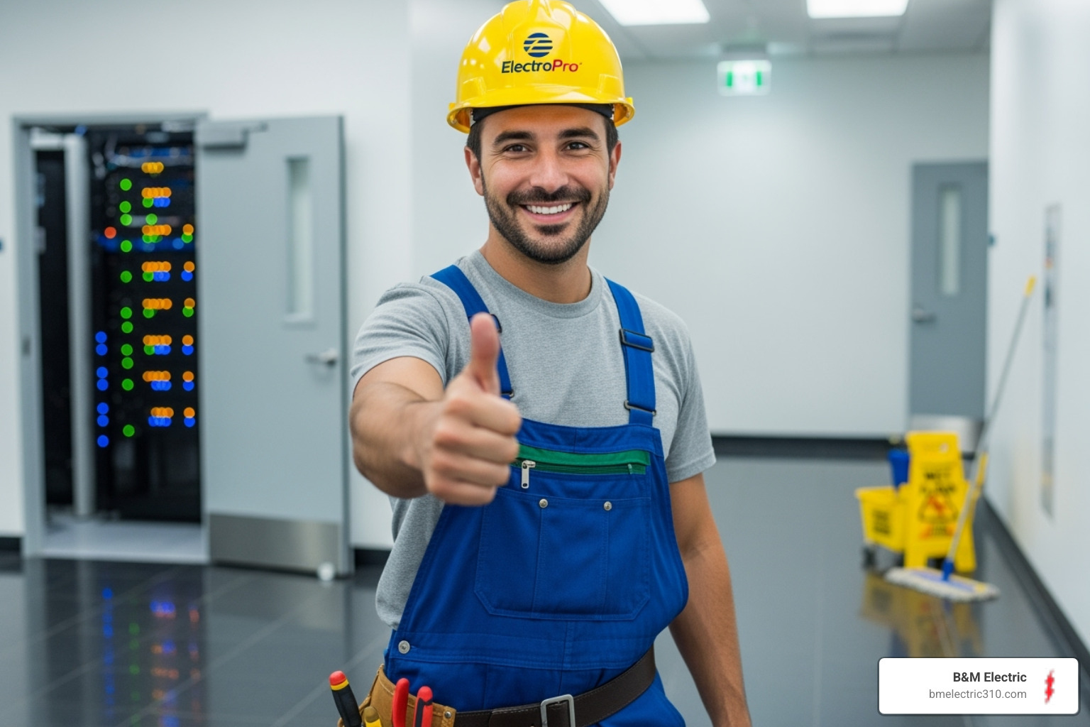 electrician smiling and giving thumbs up after successful inspection - Commercial electrical inspection services