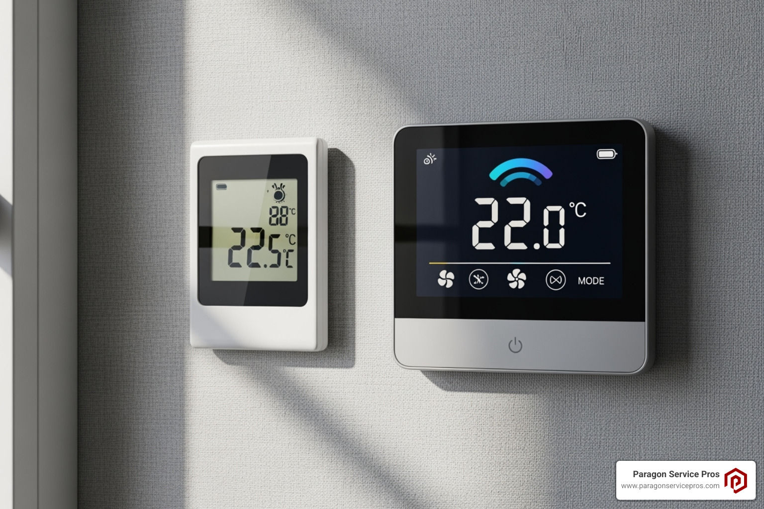 A digital thermometer placed on a wall next to a modern wall thermostat, showing their readings for comparison - AC thermostat calibration A digital thermometer placed on a wall next to a modern wall thermostat, showing their readings for comparison - AC thermostat calibration