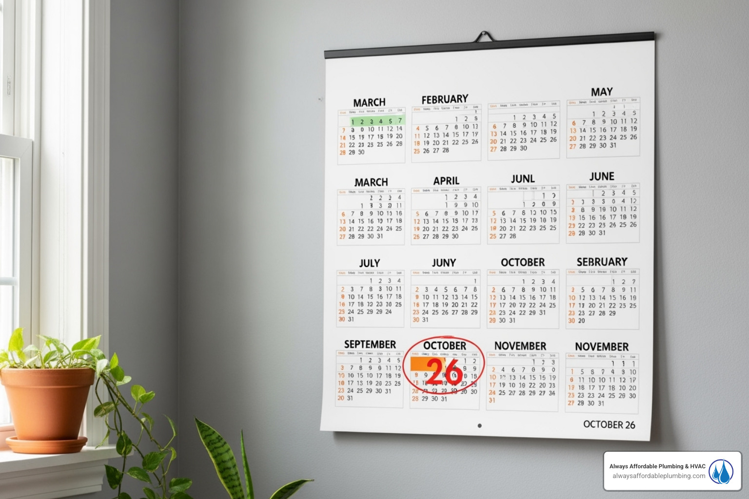 Calendar with spring and fall highlighted for HVAC service - HVAC maintenance Elk Grove