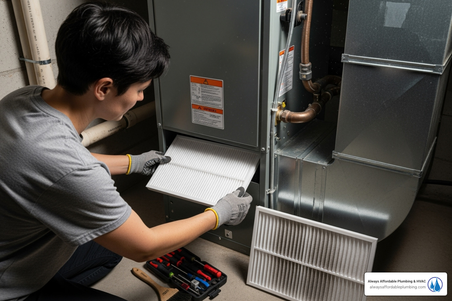 Person changing a clean air filter - HVAC maintenance Elk Grove