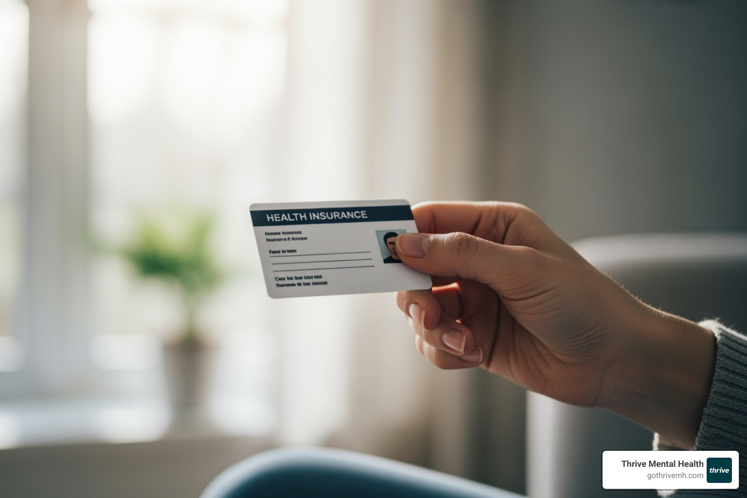 A close-up of a hand holding a UnitedHealthcare member ID card, with a soft, blurred background of a calm home environment. - United Healthcare mental wellness