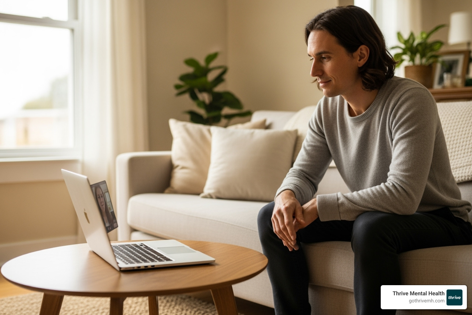 A person sitting comfortably in a well-lit living room, engaging in a virtual therapy session on a laptop, with a focus on their calm expression. - United Healthcare mental wellness