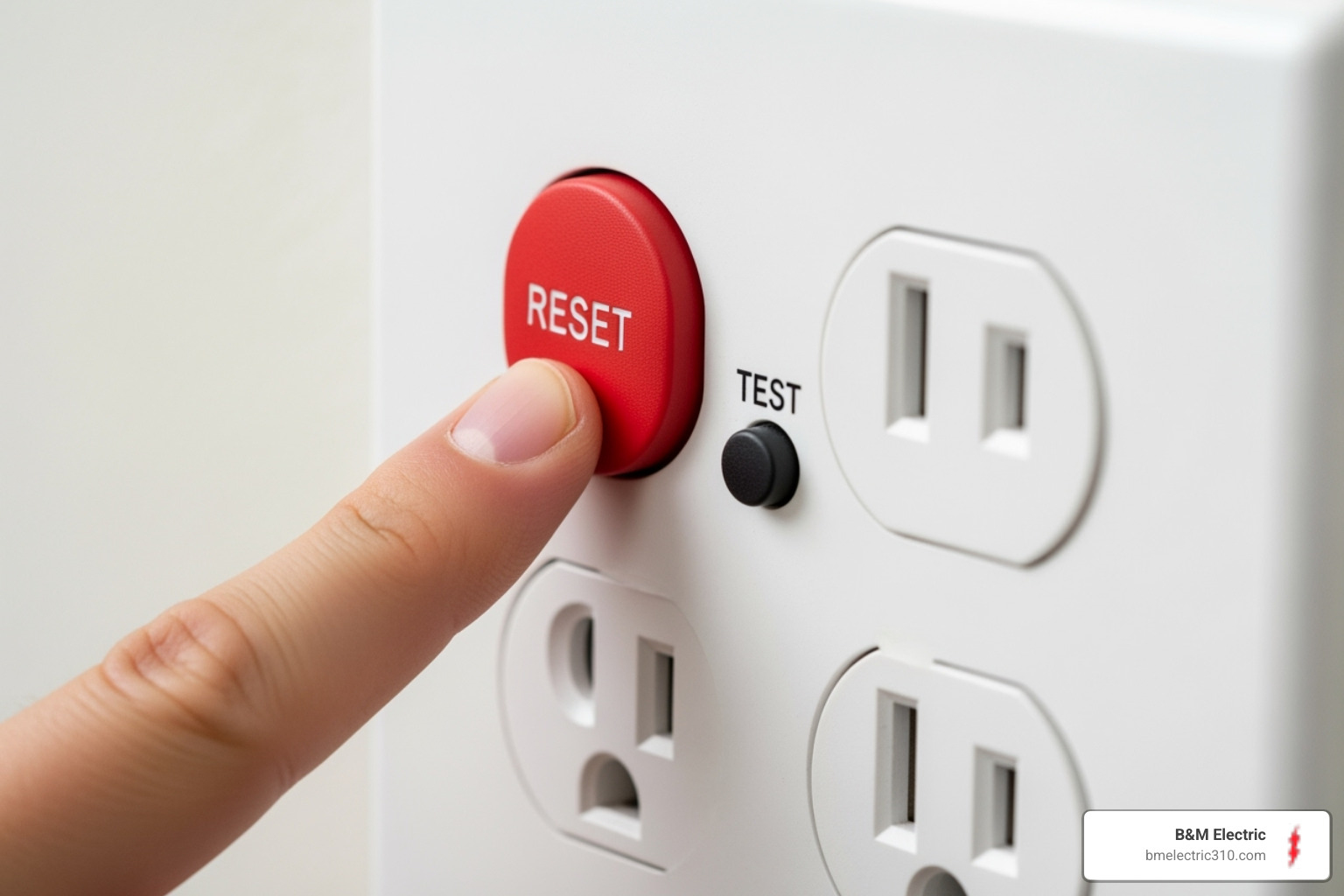 a finger pressing the 'RESET' button on a GFCI outlet - outlet not working