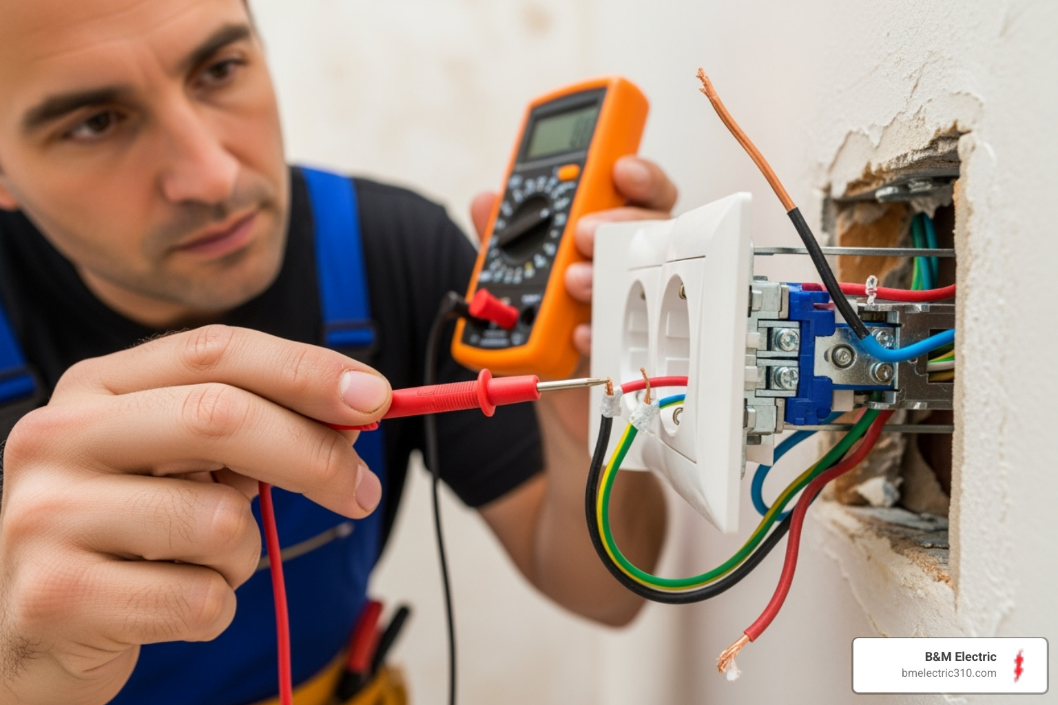 an electrician inspecting the wiring of an outlet pulled from the wall - outlet not working