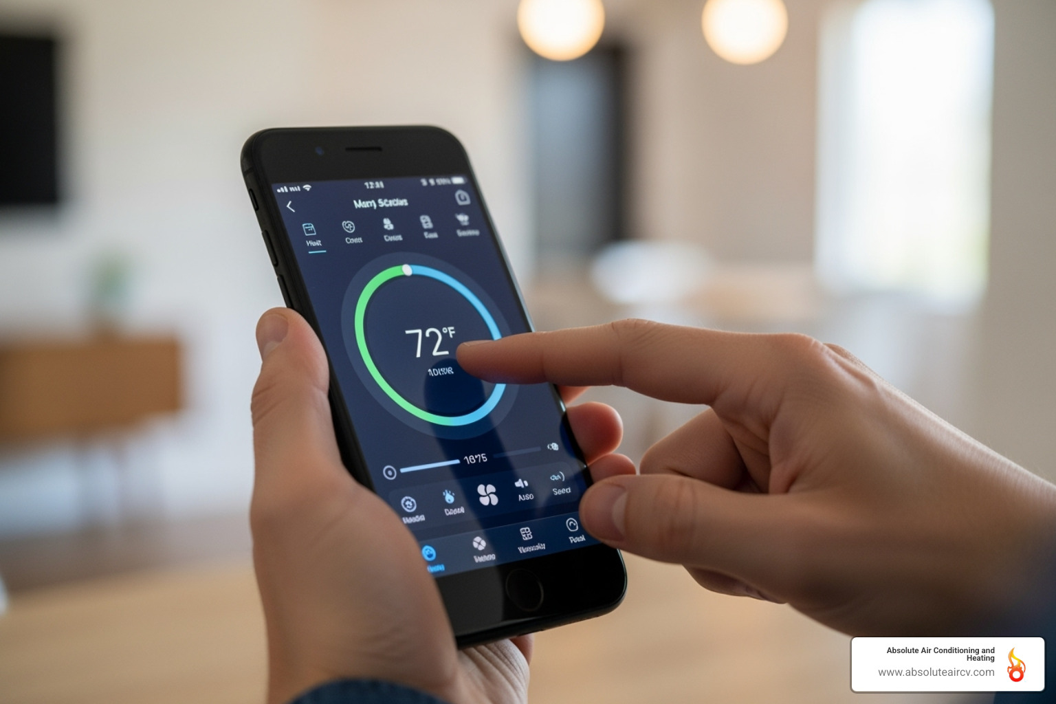 Person adjusting a smart thermostat on their phone - Energy efficient HVAC upgrades Person adjusting a smart thermostat on their phone - Energy efficient HVAC upgrades