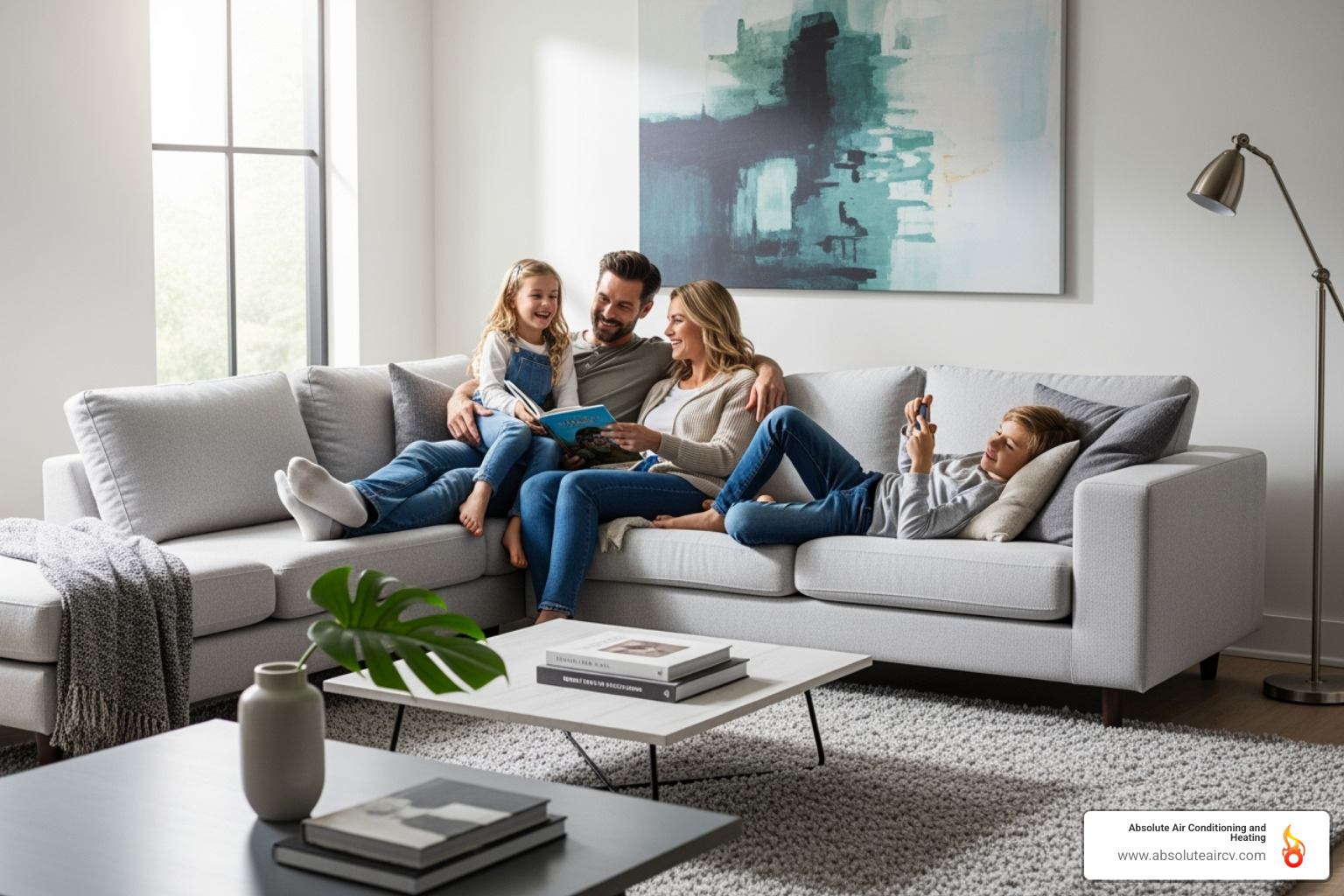Happy family relaxing in a cool, comfortable living room - Energy efficient HVAC upgrades Happy family relaxing in a cool, comfortable living room - Energy efficient HVAC upgrades