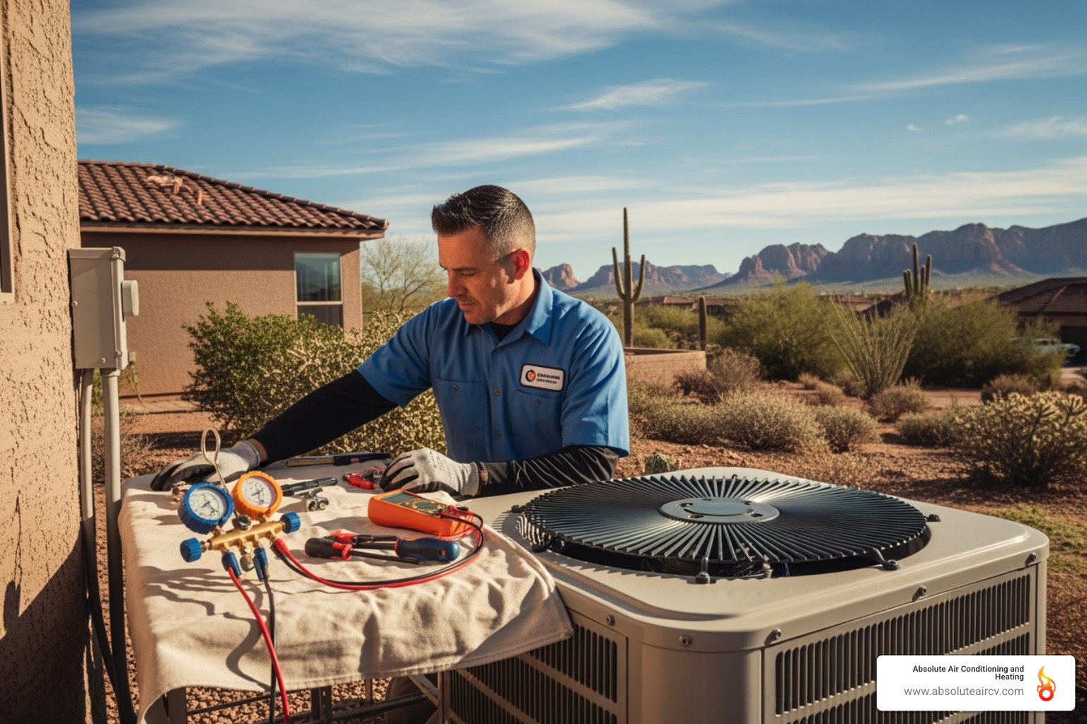 professional technician servicing outdoor AC unit - residential ac services palm springs professional technician servicing outdoor AC unit - residential ac services palm springs