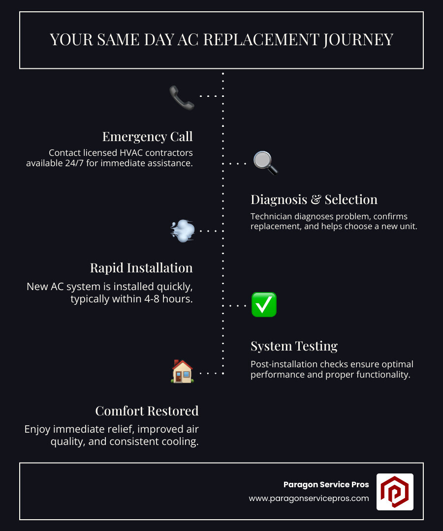 Infographic showing the same day AC replacement process from emergency call to system testing, including timeline of 4-8 hours, common warning signs like no cooling and strange noises, and immediate benefits like restored comfort and improved efficiency - Same day AC replacement infographic infographic-line-5-steps-dark Infographic showing the same day AC replacement process from emergency call to system testing, including timeline of 4-8 hours, common warning signs like no cooling and strange noises, and immediate benefits like restored comfort and improved efficiency - Same day AC replacement infographic infographic-line-5-steps-dark
