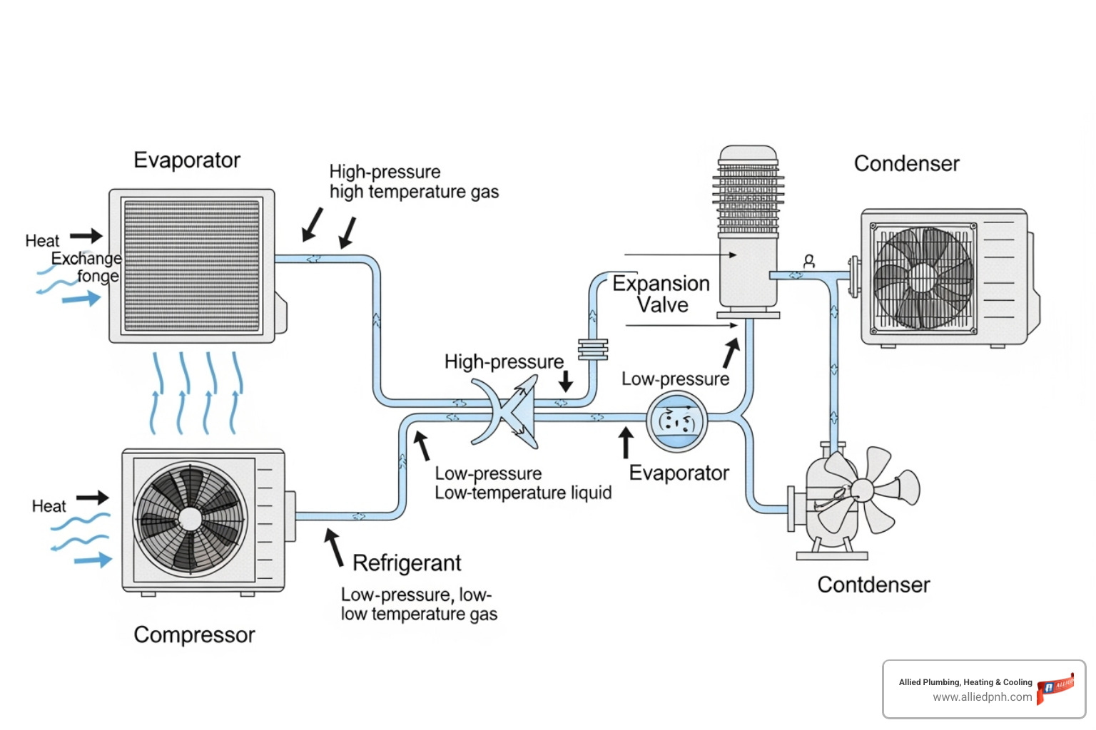 Diagram showing the AC cooling cycle with indoor and outdoor units and refrigerant flow - AC blowing hot air