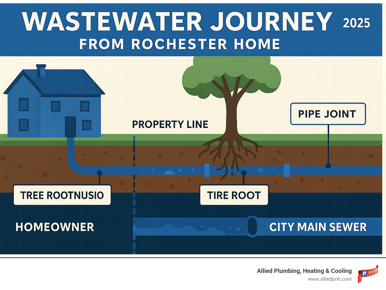 Comprehensive infographic showing the complete journey of wastewater from a Rochester home through the property line to the city main sewer system, including common failure points like tree root intrusion, pipe joints, and the division of responsibility between homeowner and municipal systems - Sewer repair Rochester infographic 