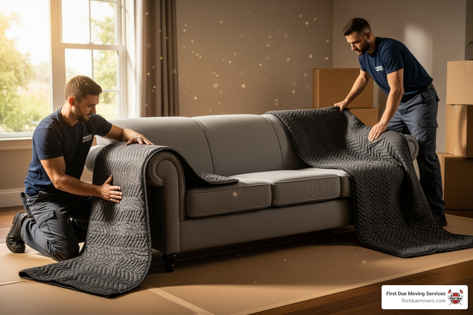 Movers carefully wrapping a large piece of furniture with moving blankets - cheap movers seattle Movers carefully wrapping a large piece of furniture with moving blankets - cheap movers seattle