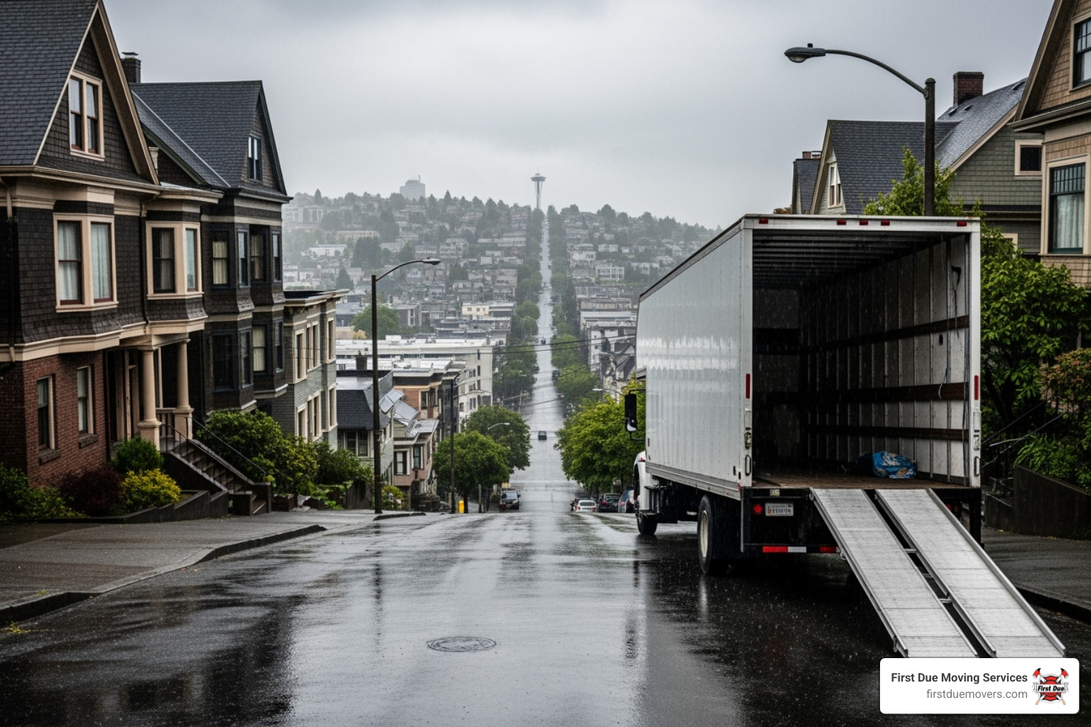 A moving truck parked on a typical hilly Seattle street, with light rain - cheap movers seattle A moving truck parked on a typical hilly Seattle street, with light rain - cheap movers seattle
