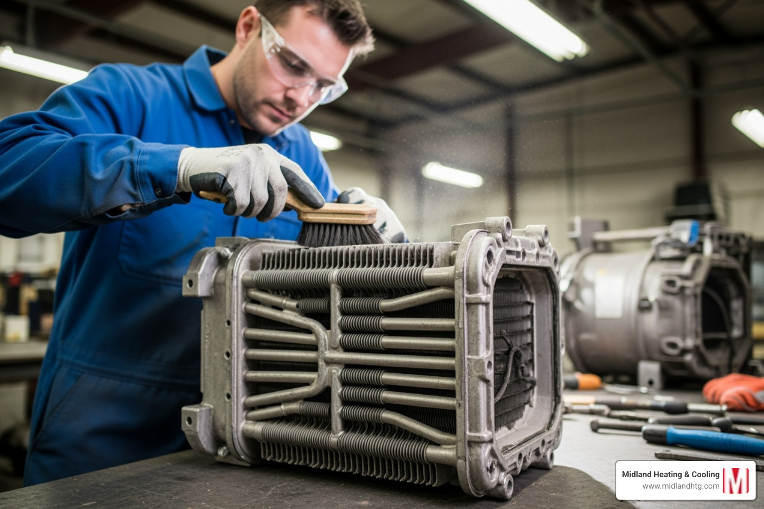 Technician cleaning a furnace component - furnace repair Bloomington MN