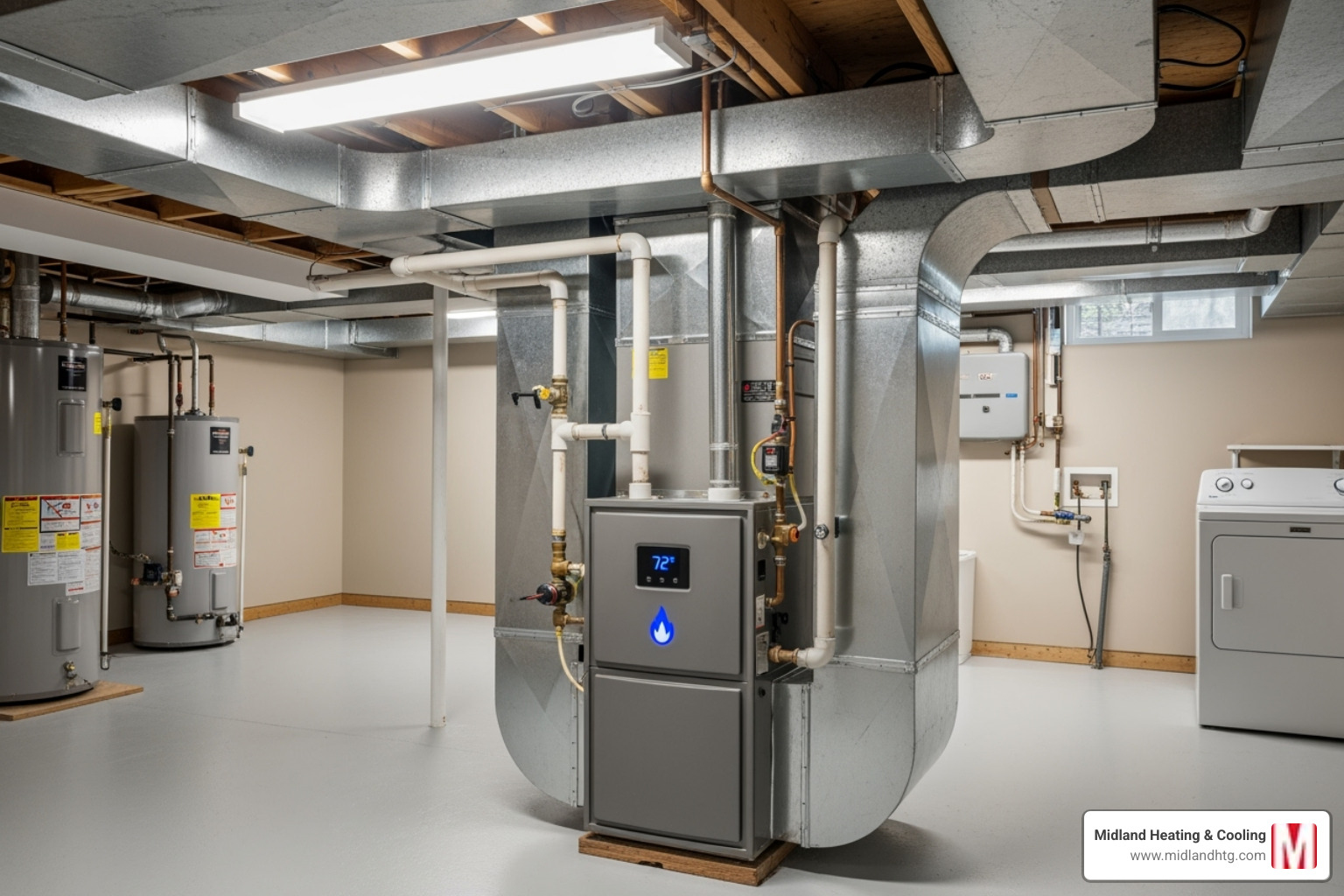Clean, modern furnace unit in a basement - furnace repair Bloomington MN