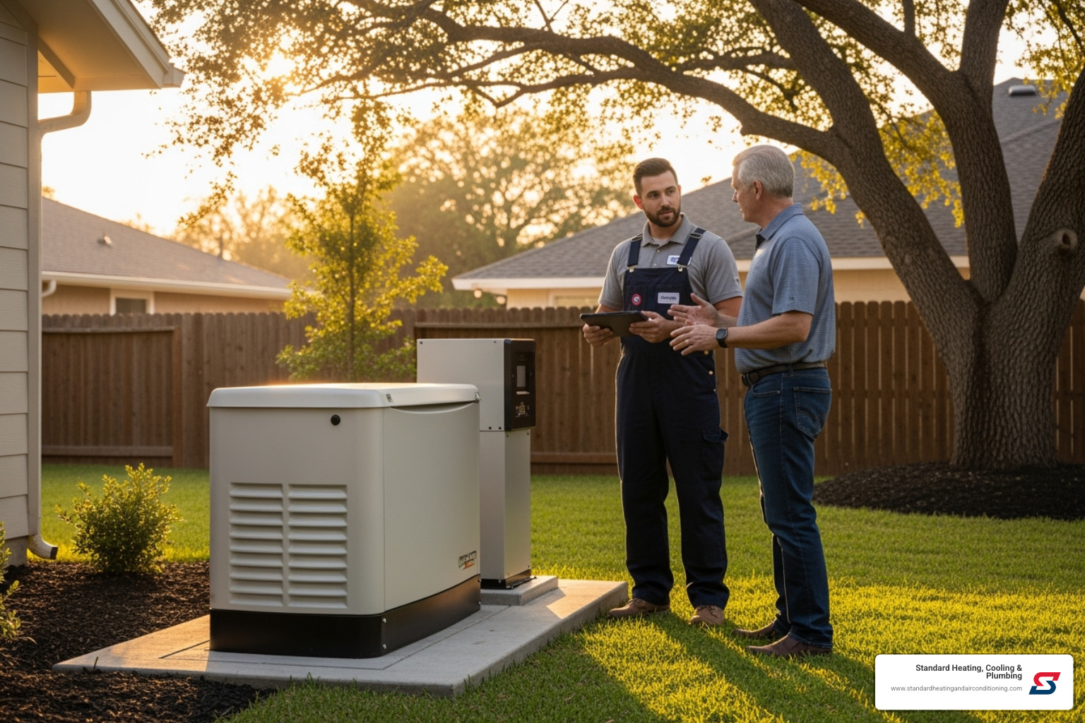 Technician consulting with a homeowner next to a generator unit - generator service Birmingham