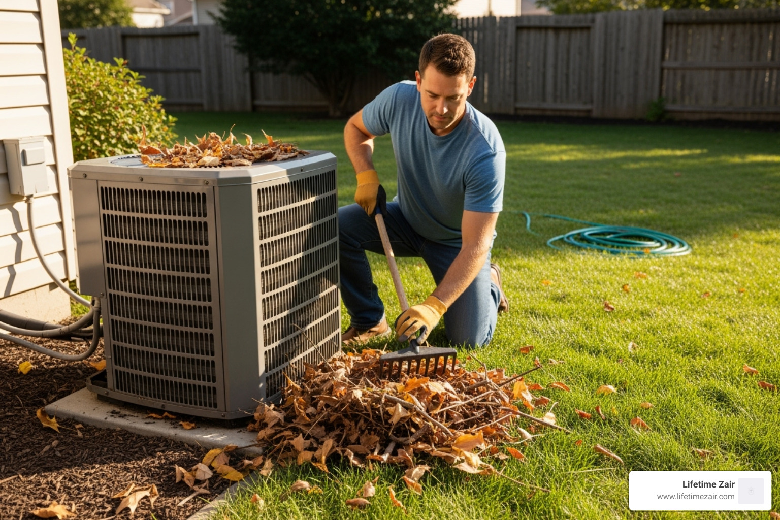 homeowner clearing leaves and debris from around an outdoor AC unit - ac maintenance services dallas