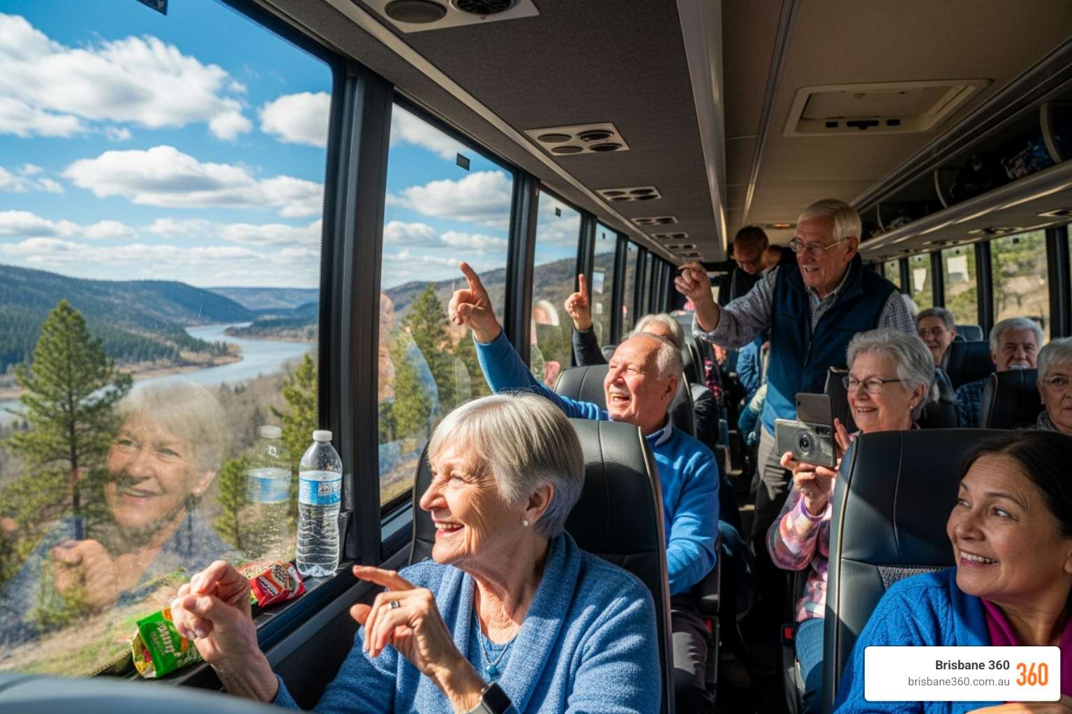 seniors group enjoying scenic drive - community group bus hire South East QLD