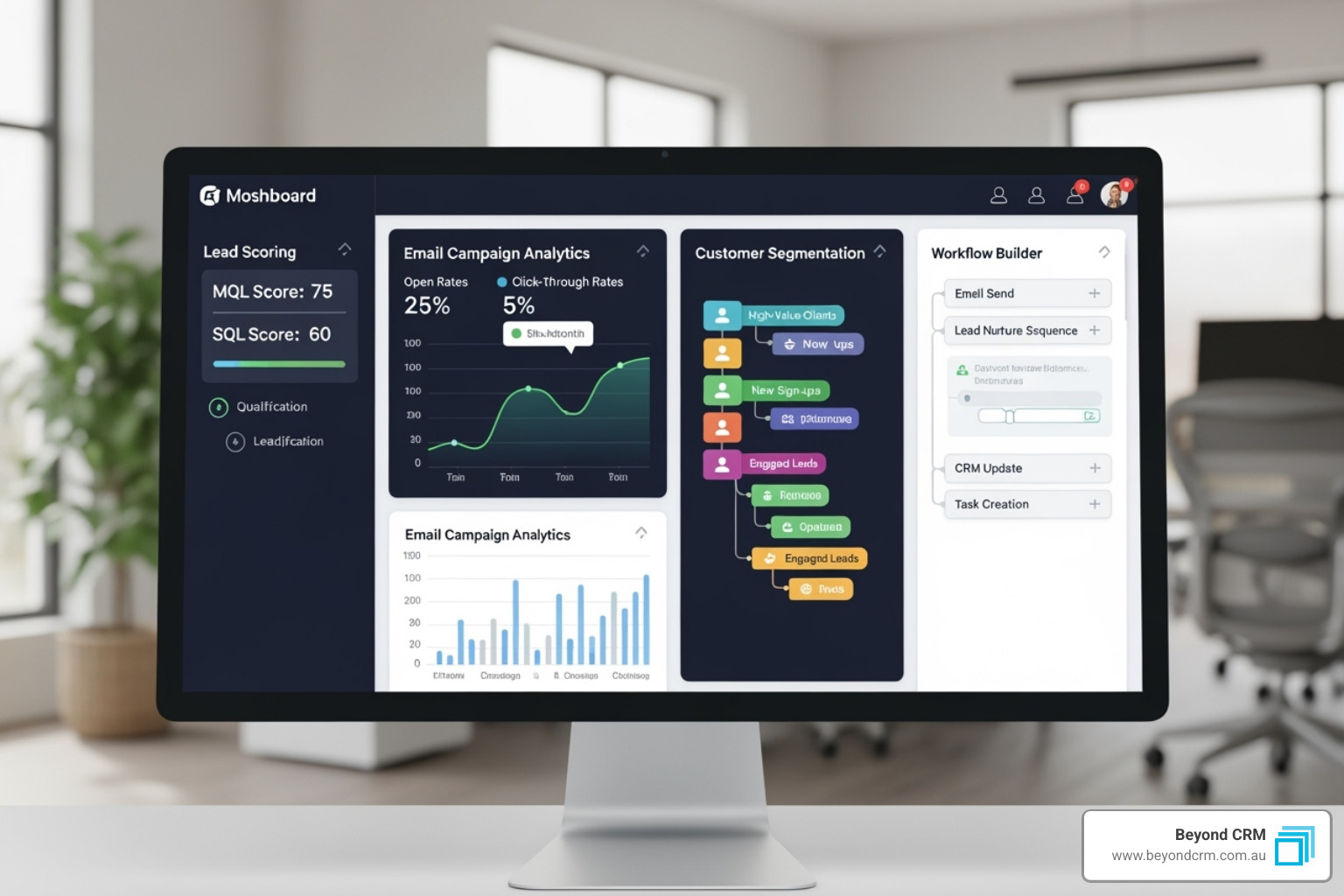 CRM dashboard displaying key marketing automation features - what software works with crm to automate marketing campaigns