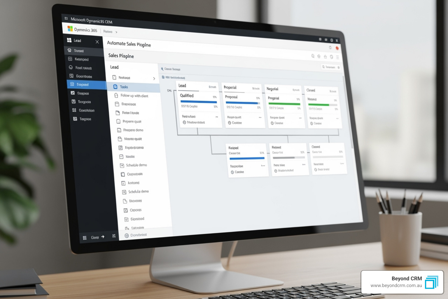 Microsoft Dynamics 365 dashboard displaying an automated sales pipeline, showing deal stages, tasks, and progress indicators - crm with workflow automation