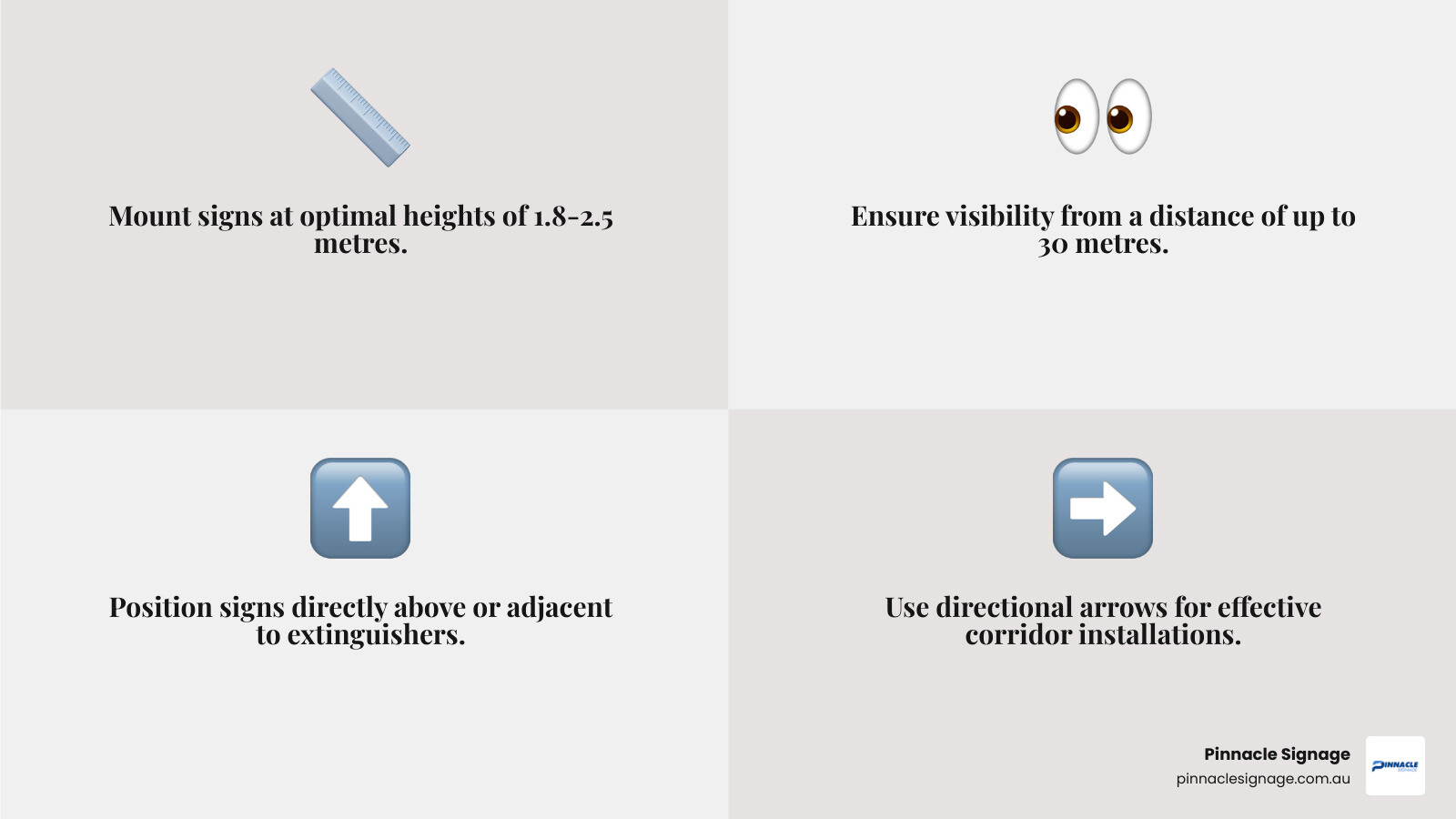 Infographic showing fire extinguisher sign placement guidelines, including optimal mounting heights of 1.8-2.5 metres, visibility requirements from 30 metres distance, and proper positioning above or adjacent to extinguishers with directional arrows for corridor installations - Fire extinguisher signs infographic 4_facts_emoji_grey Infographic showing fire extinguisher sign placement guidelines, including optimal mounting heights of 1.8-2.5 metres, visibility requirements from 30 metres distance, and proper positioning above or adjacent to extinguishers with directional arrows for corridor installations - Fire extinguisher signs infographic 4_facts_emoji_grey