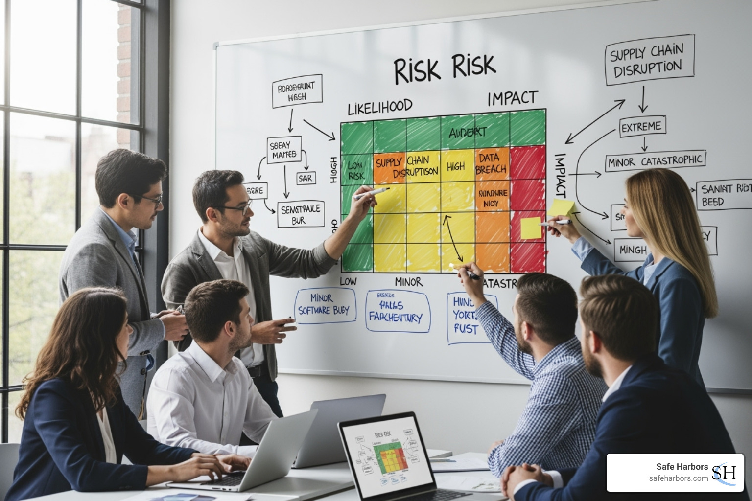 team collaborating around a whiteboard with a risk matrix - Risk mitigation strategy