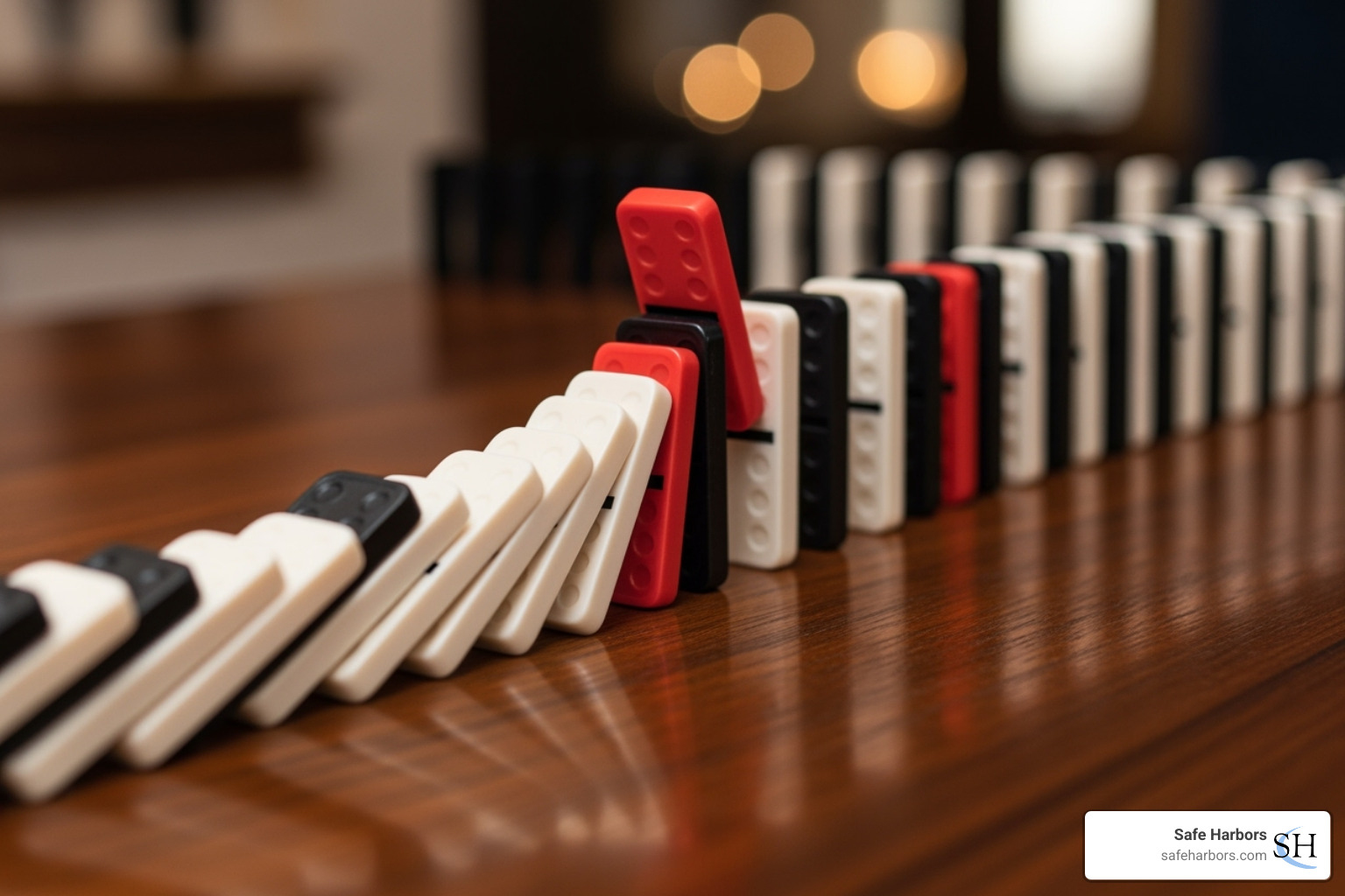 domino effect illustrating how one unmitigated risk can impact an entire business - Risk mitigation strategy