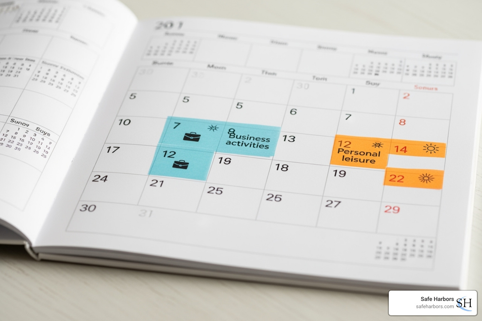 A calendar showing a trip with days marked for 'Business' and 'Personal' - Business travel expenses