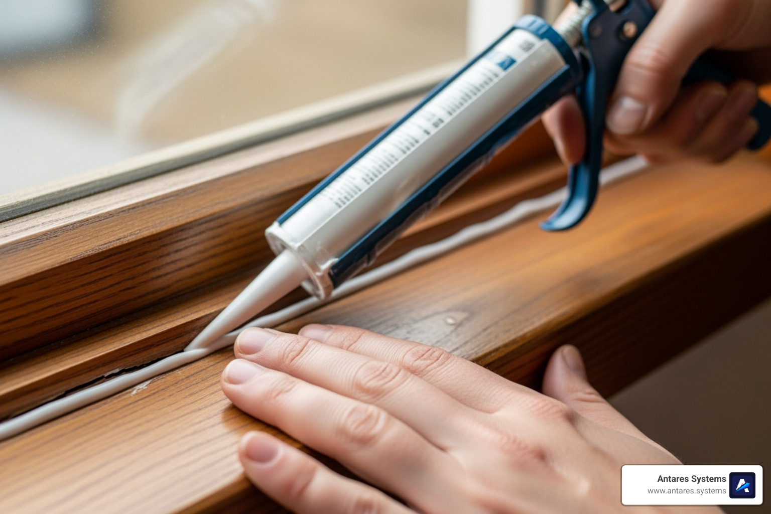 person sealing a crack in a window sill - Ant extermination cost