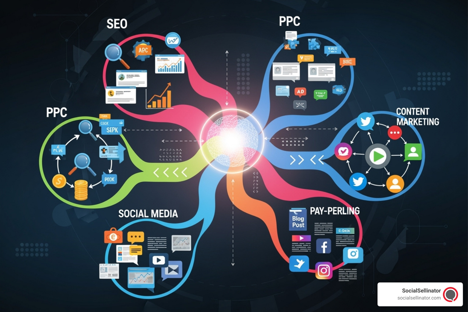 Diagram showing synergy between SEO, PPC, social media, and content marketing for Digital marketing Austin Diagram showing synergy between SEO, PPC, social media, and content marketing for Digital marketing Austin