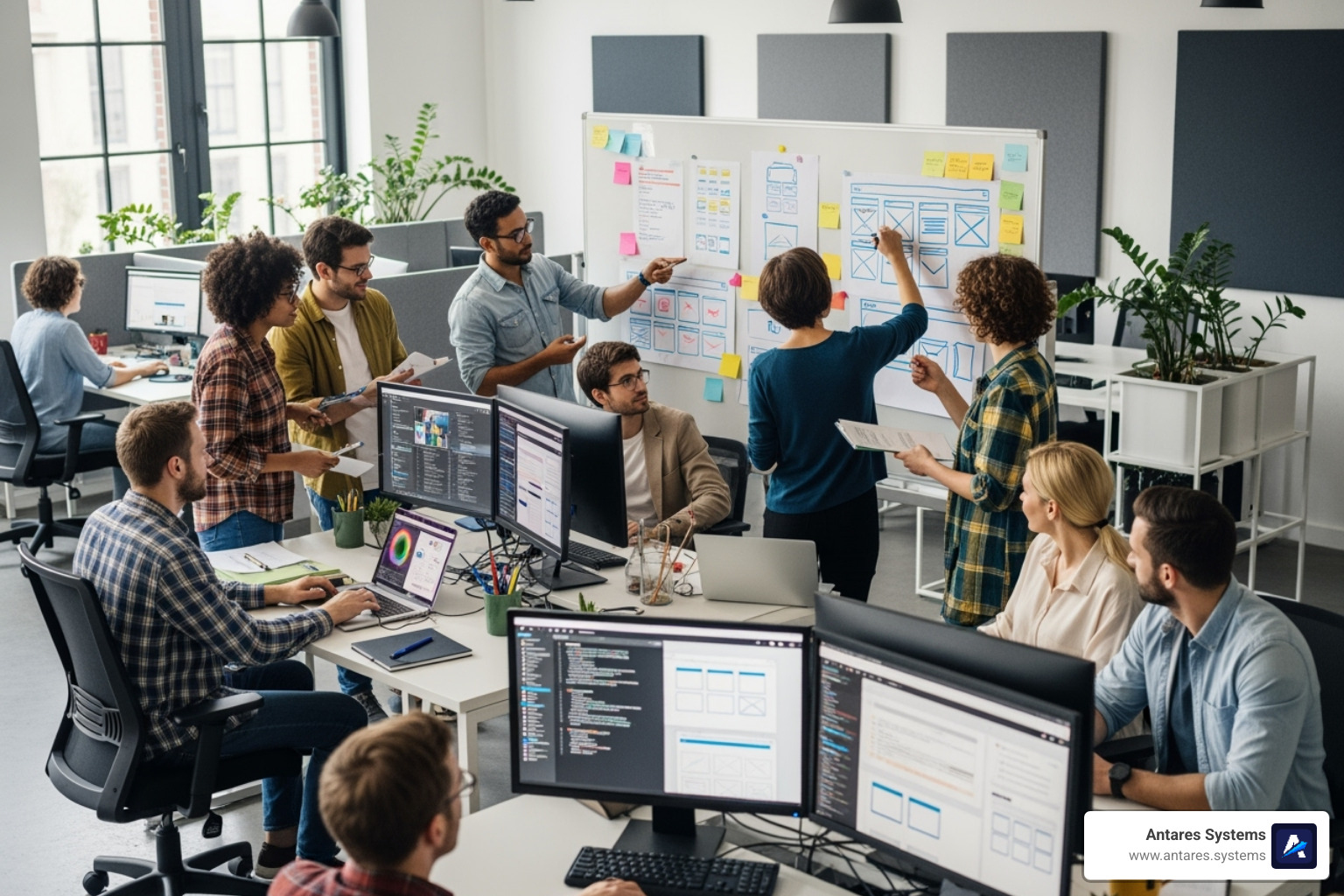 A team collaborating on a web design project, showing designers, developers, and project managers working together on whiteboards and computers - custom web development A team collaborating on a web design project, showing designers, developers, and project managers working together on whiteboards and computers - custom web development